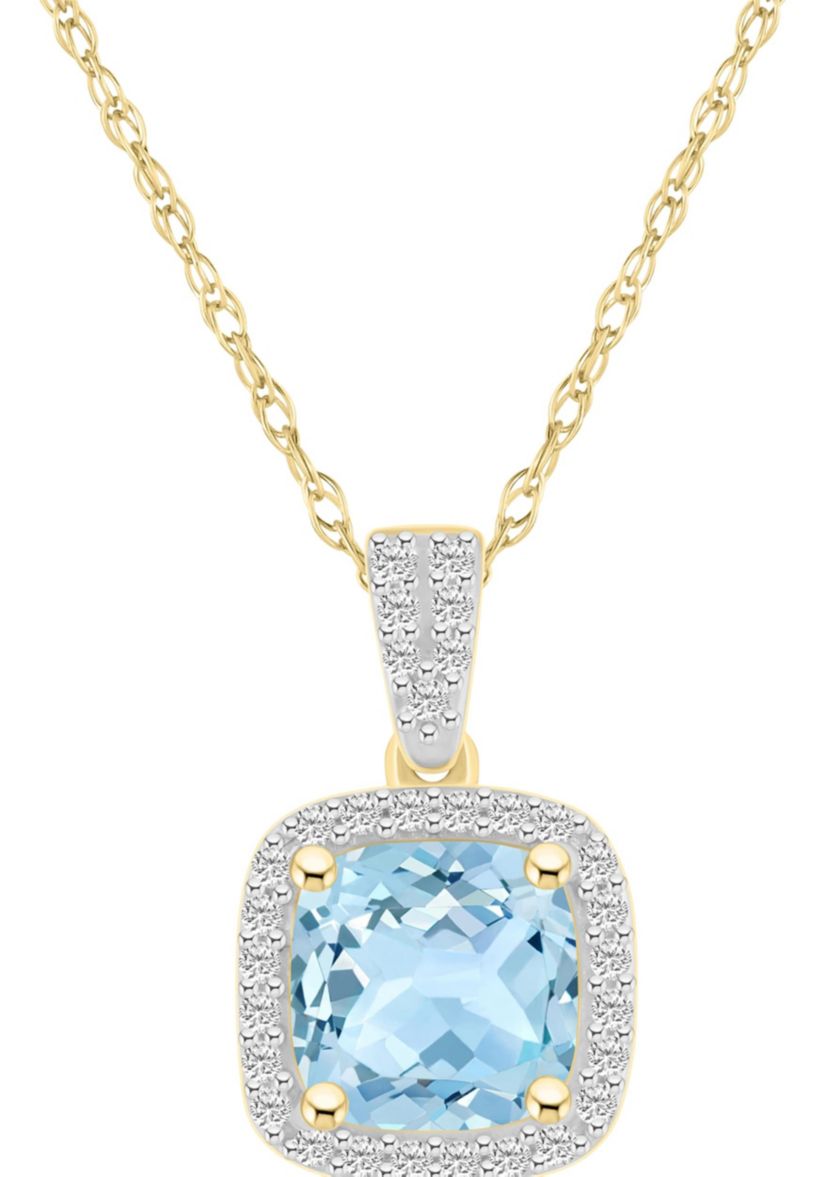 Lab Created 10K White Gold 7mm Cushion Simulated Aquamarine & Created White Sapphire Halo Pendant Necklace