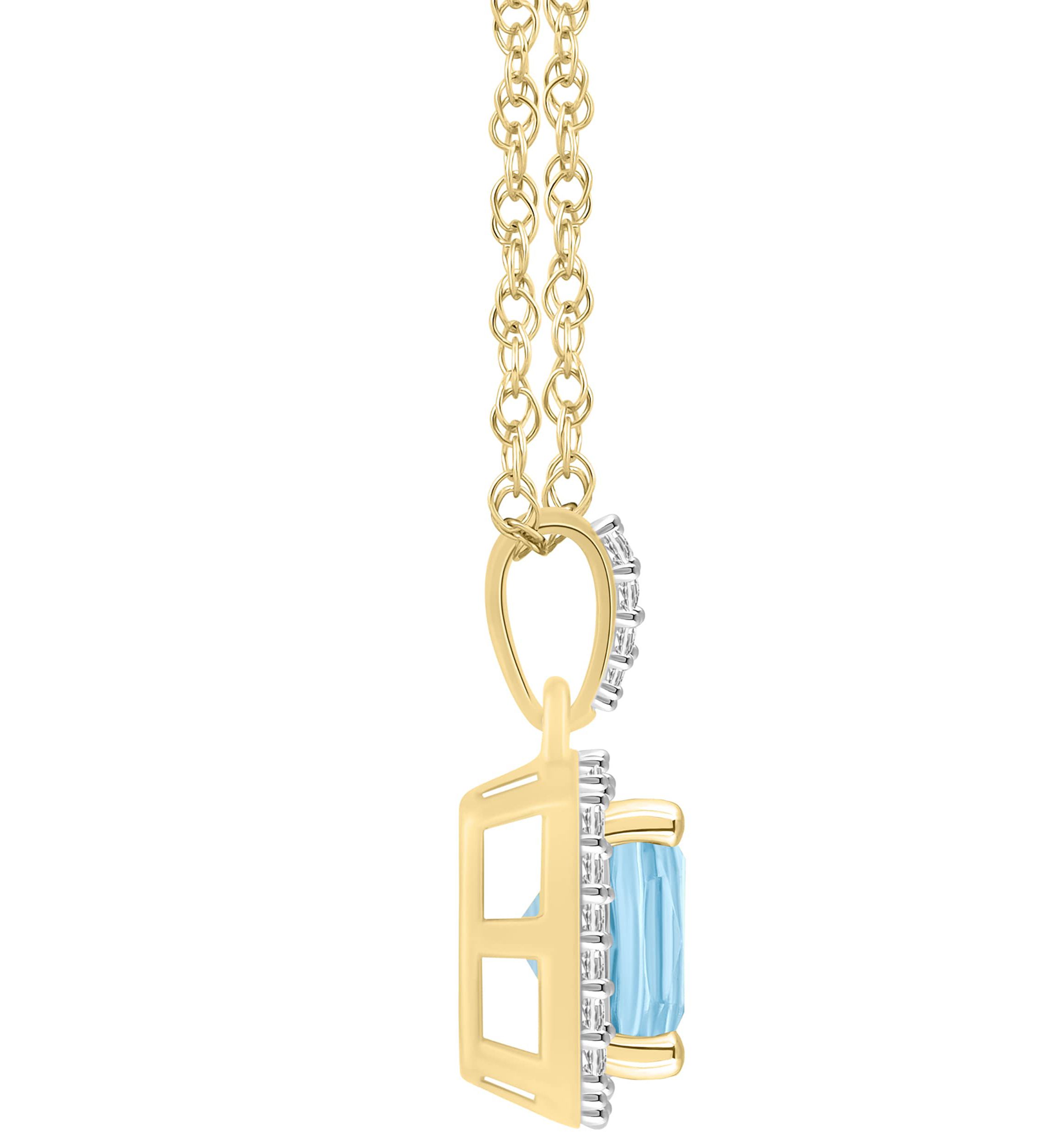 Lab Created 10K White Gold 7mm Cushion Simulated Aquamarine & Created White Sapphire Halo Pendant Necklace