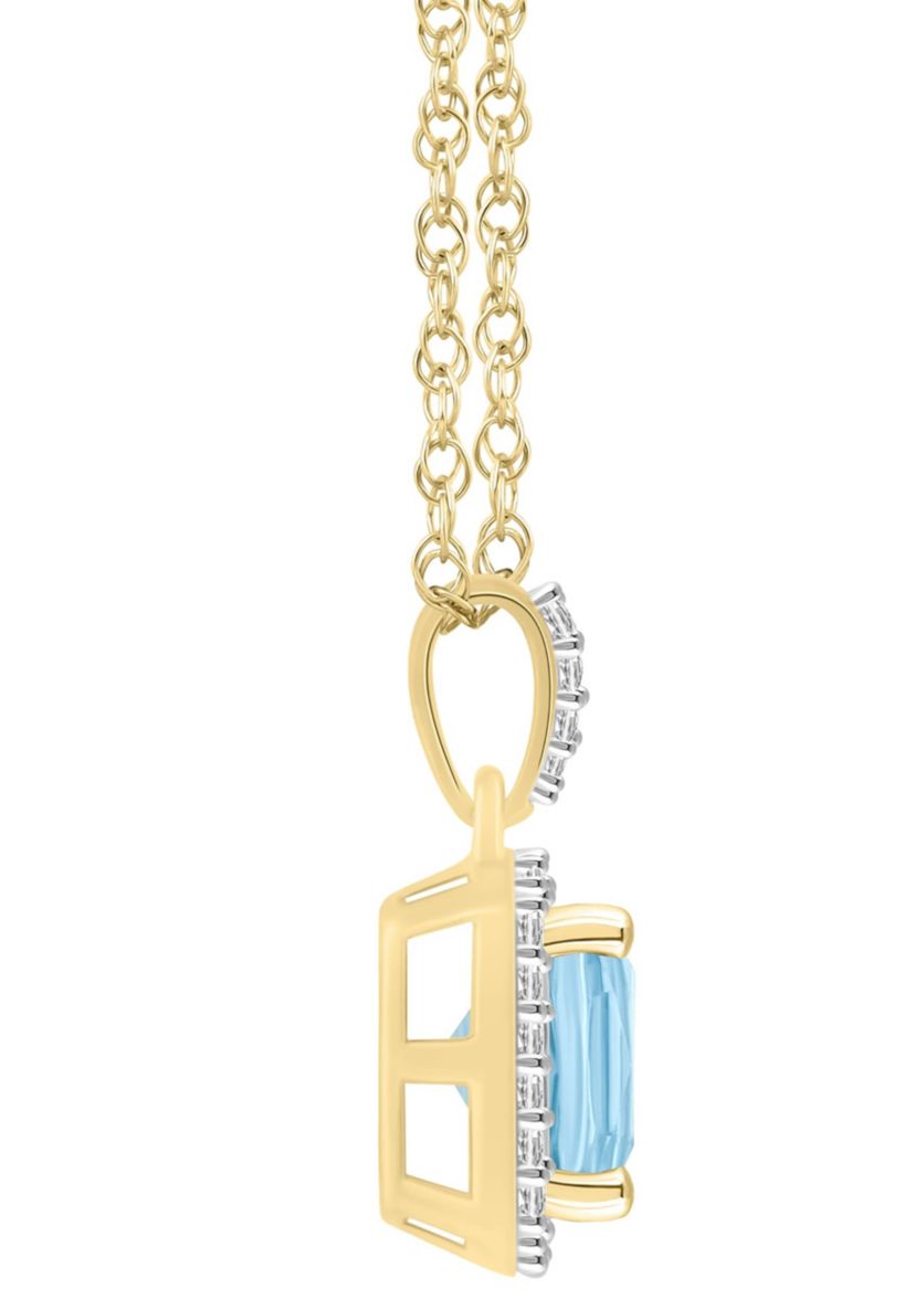 Lab Created 10K White Gold 7mm Cushion Simulated Aquamarine & Created White Sapphire Halo Pendant Necklace