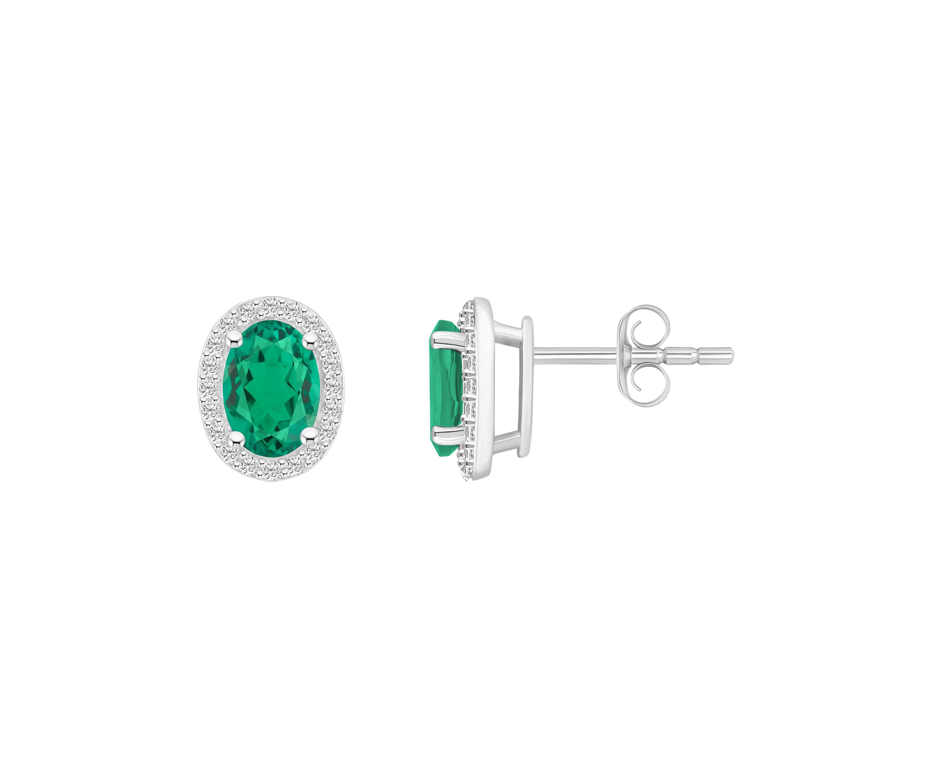 Lab Created 10K White Gold 7x5mm Oval Created Emerald & Created White Sapphire Halo Stud Earrings