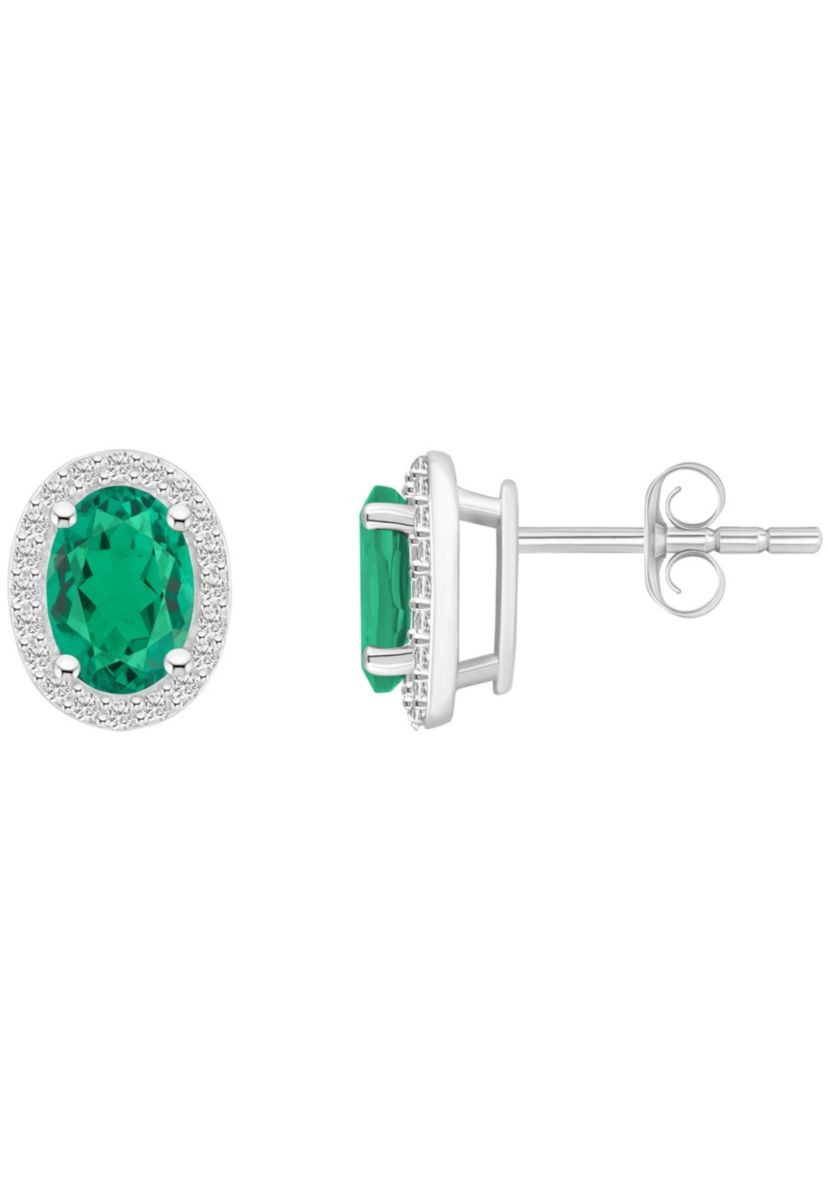 Lab Created 10K White Gold 7x5mm Oval Created Emerald & Created White Sapphire Halo Stud Earrings