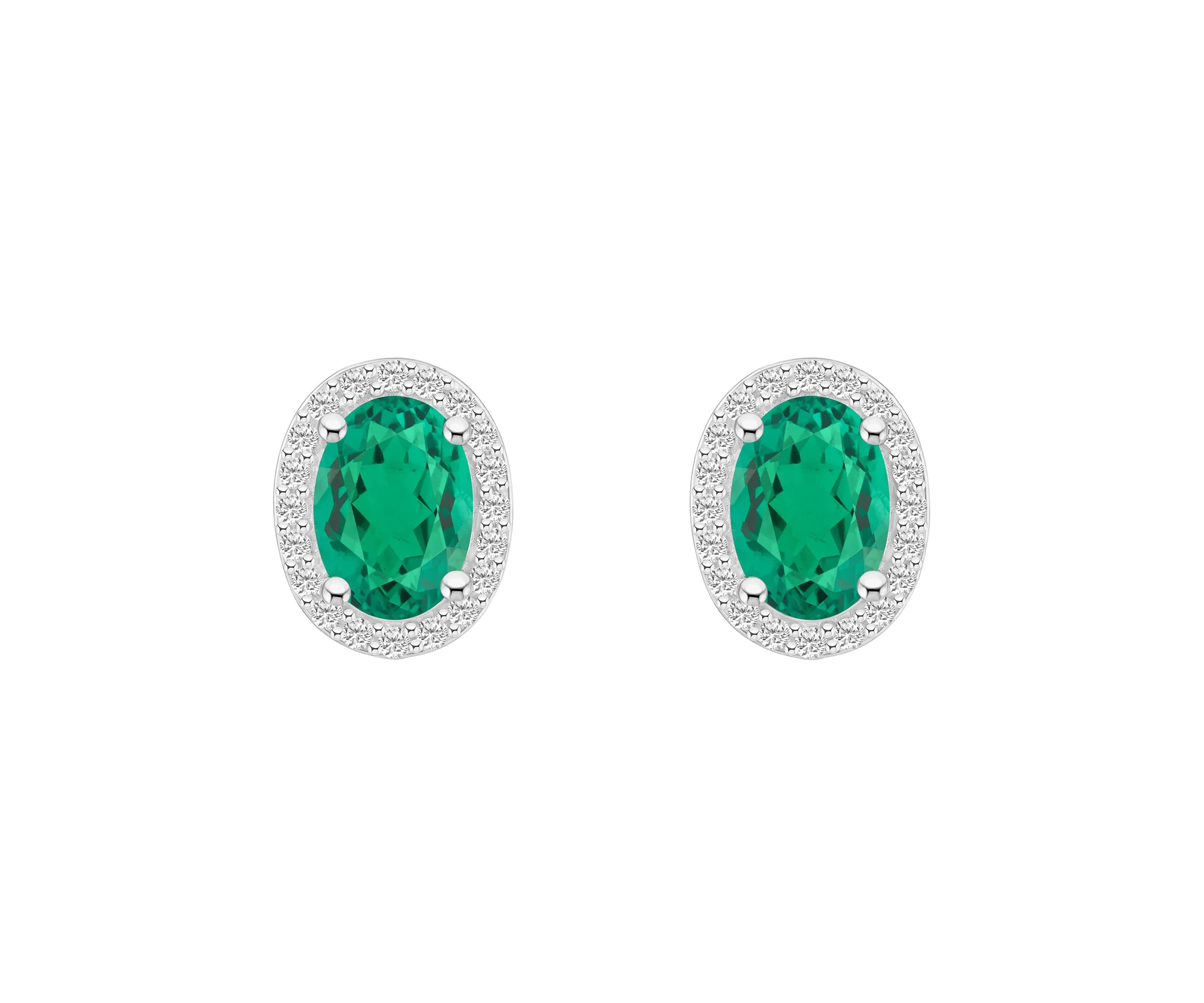Lab Created 10K White Gold 7x5mm Oval Created Emerald & Created White Sapphire Halo Stud Earrings