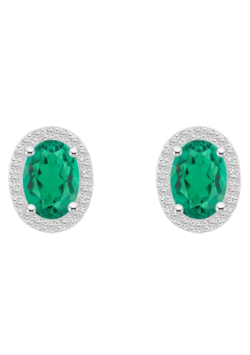 Lab Created 10K White Gold 7x5mm Oval Created Emerald & Created White Sapphire Halo Stud Earrings