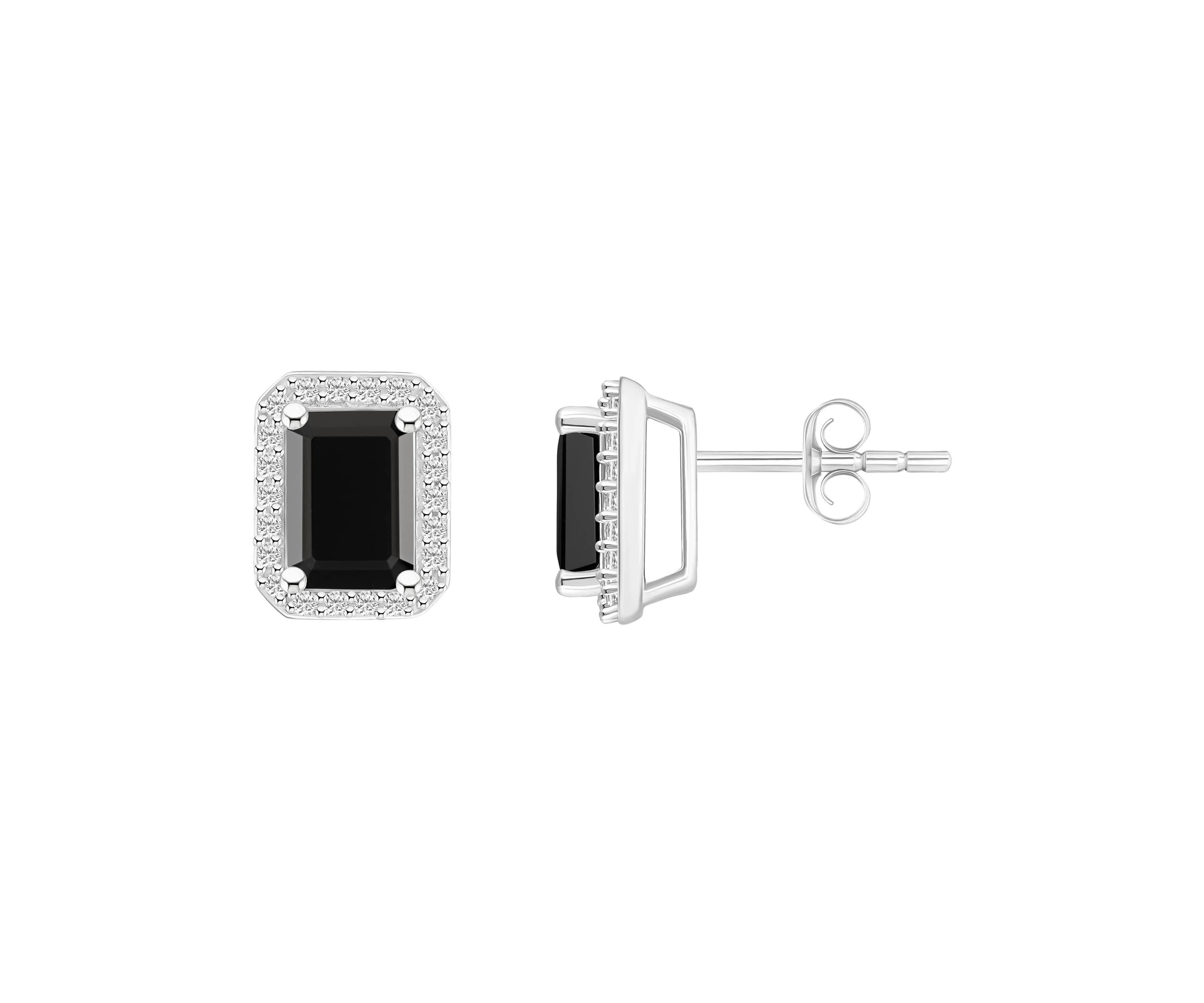 10K Yellow Gold 7x5mm Emerald Cut Black Onyx & Created White Sapphire Halo Stud Earrings