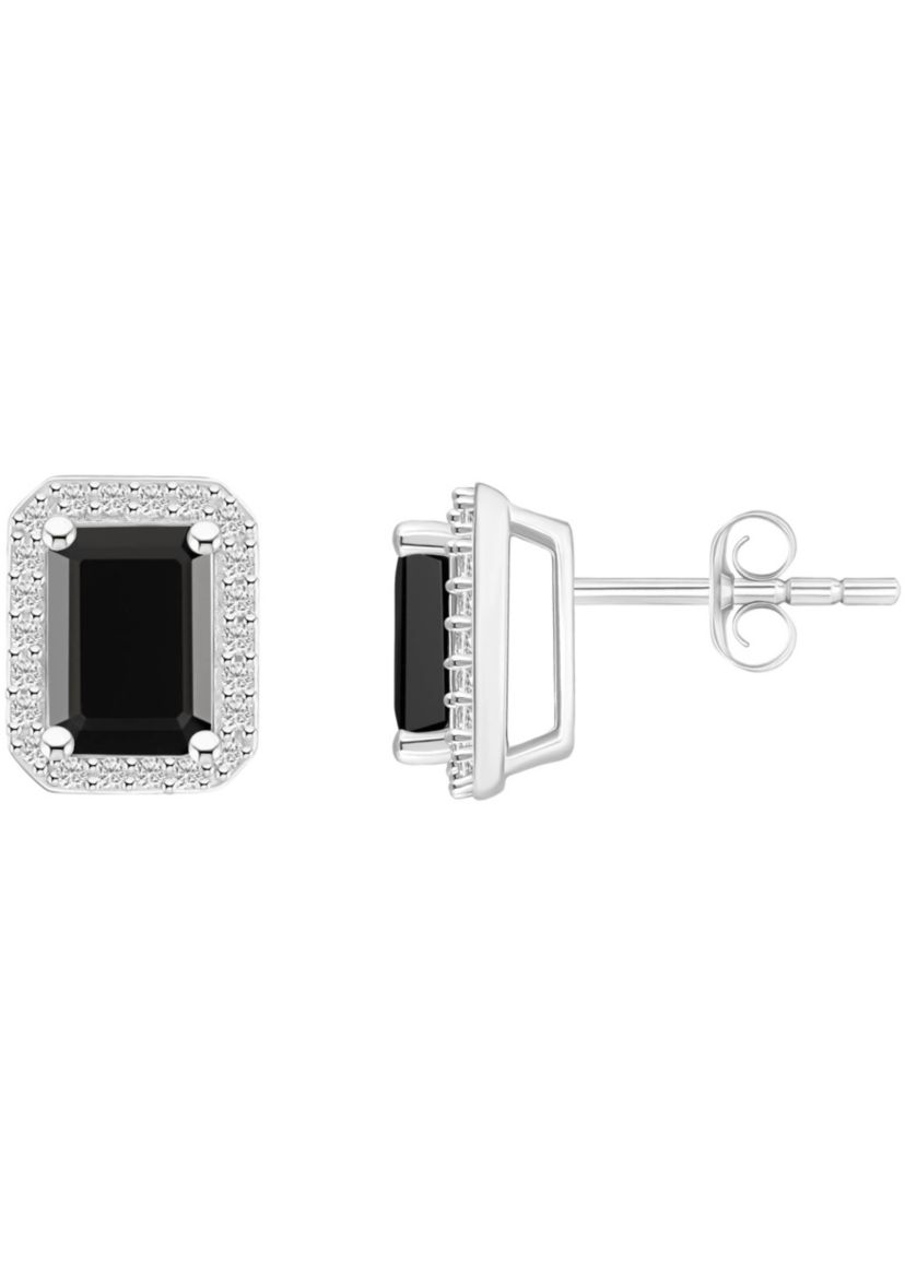 10K Yellow Gold 7x5mm Emerald Cut Black Onyx & Created White Sapphire Halo Stud Earrings