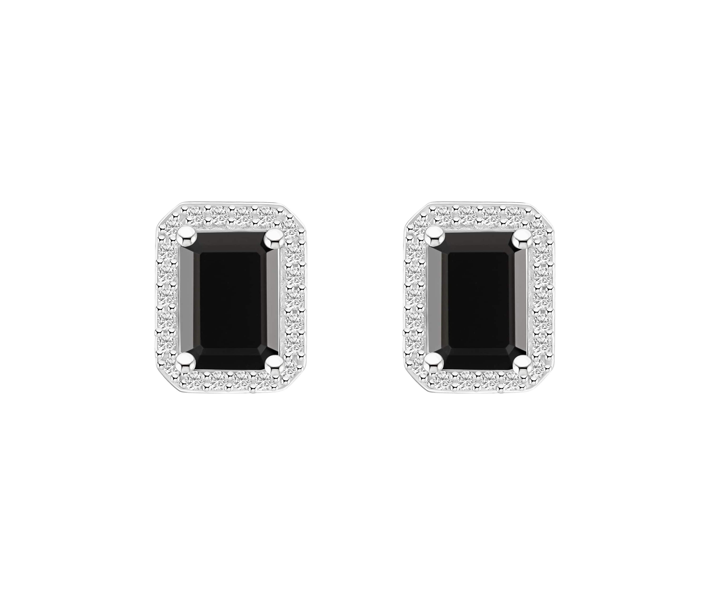 10K Yellow Gold 7x5mm Emerald Cut Black Onyx & Created White Sapphire Halo Stud Earrings