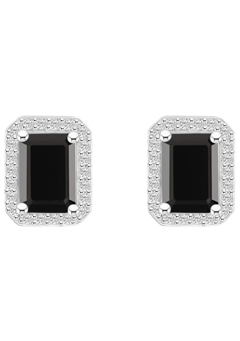 10K Yellow Gold 7x5mm Emerald Cut Black Onyx & Created White Sapphire Halo Stud Earrings