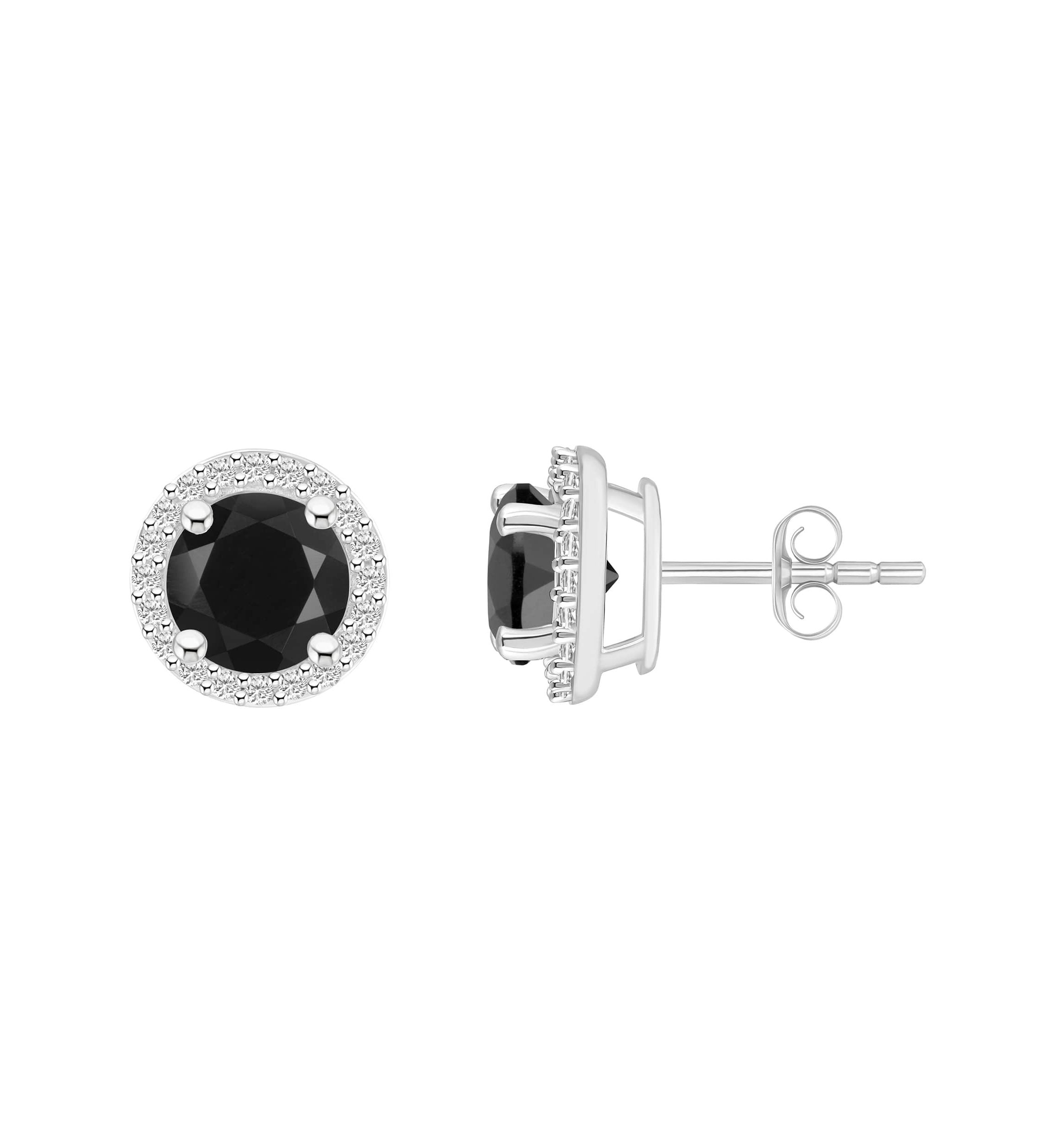 10K White Gold 6mm Round Black Onyx & Created White Sapphire Halo Stud Earrings