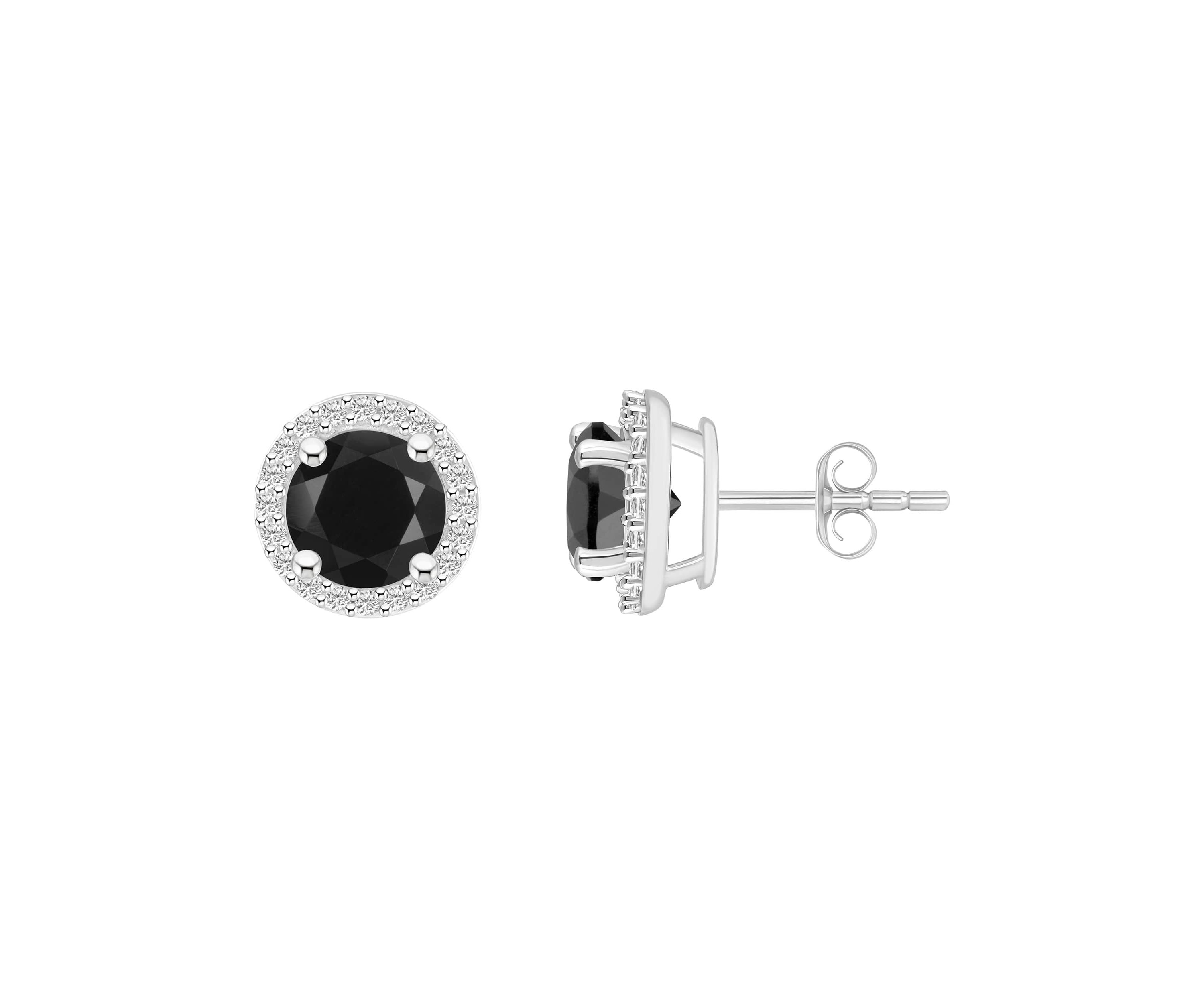 10K White Gold 6mm Round Black Onyx & Created White Sapphire Halo Stud Earrings