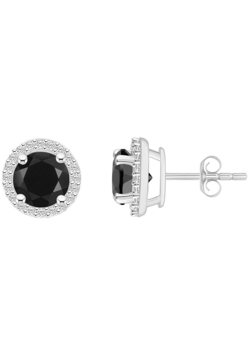 10K White Gold 6mm Round Black Onyx & Created White Sapphire Halo Stud Earrings