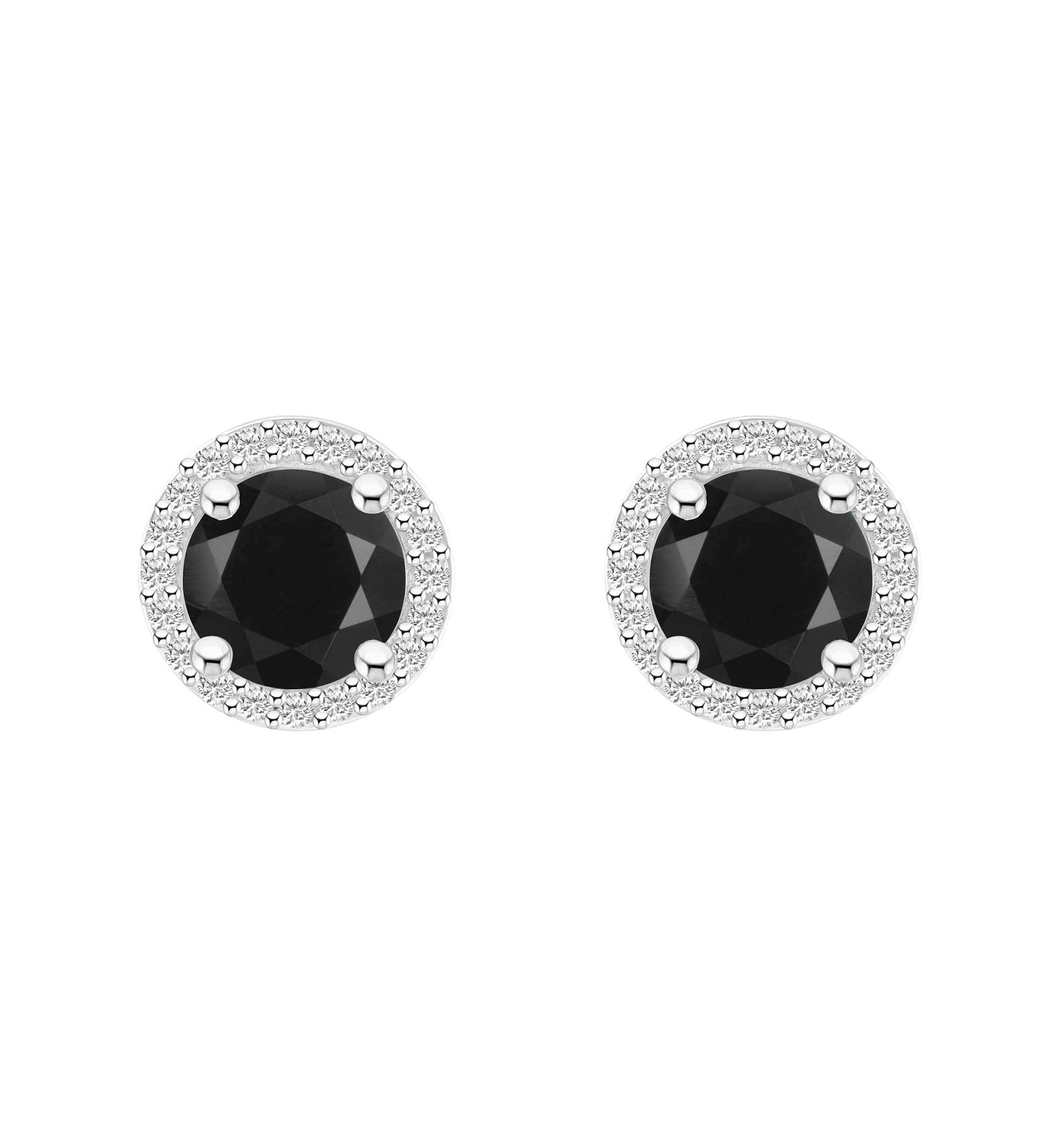 10K White Gold 6mm Round Black Onyx & Created White Sapphire Halo Stud Earrings