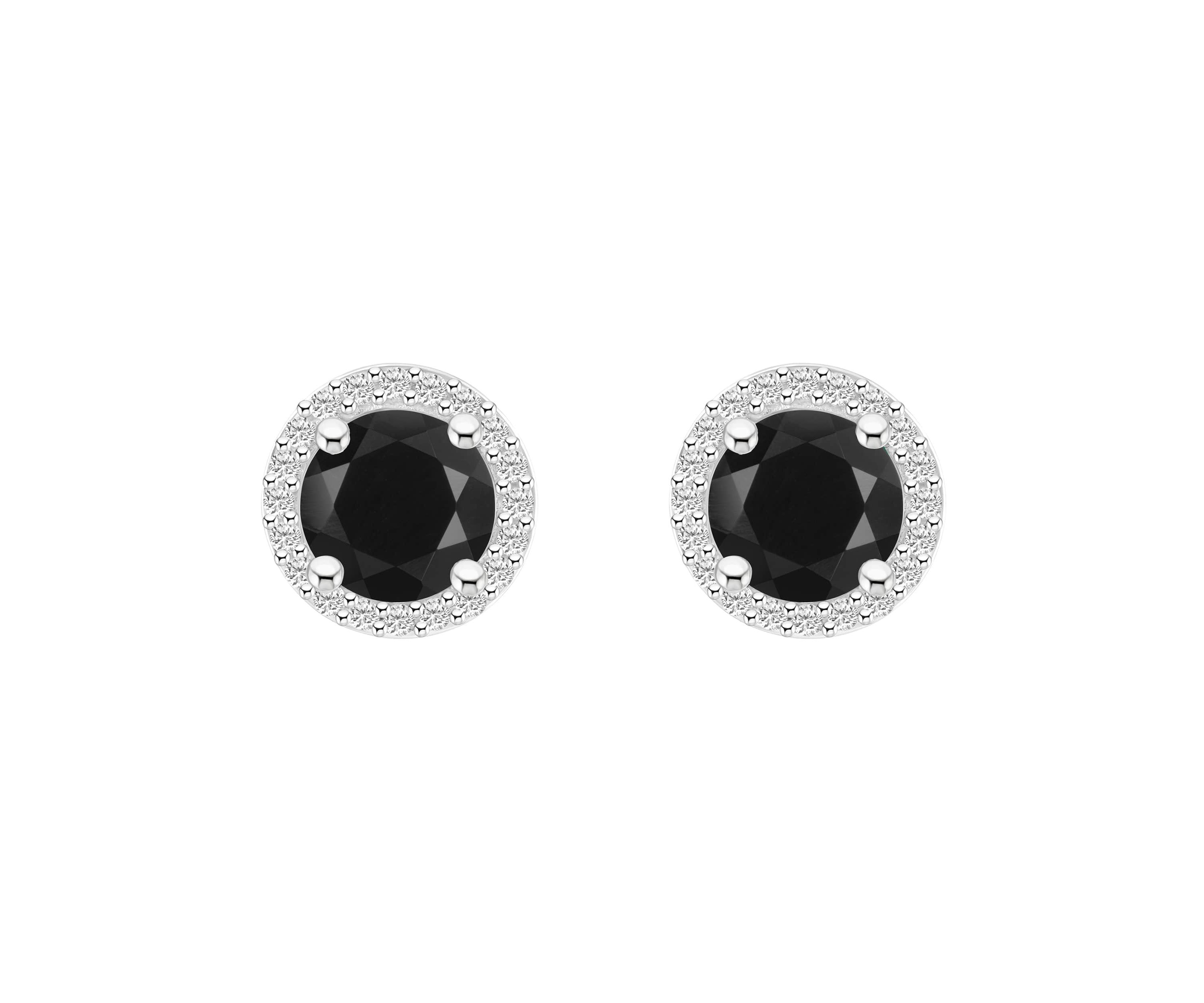 10K White Gold 6mm Round Black Onyx & Created White Sapphire Halo Stud Earrings