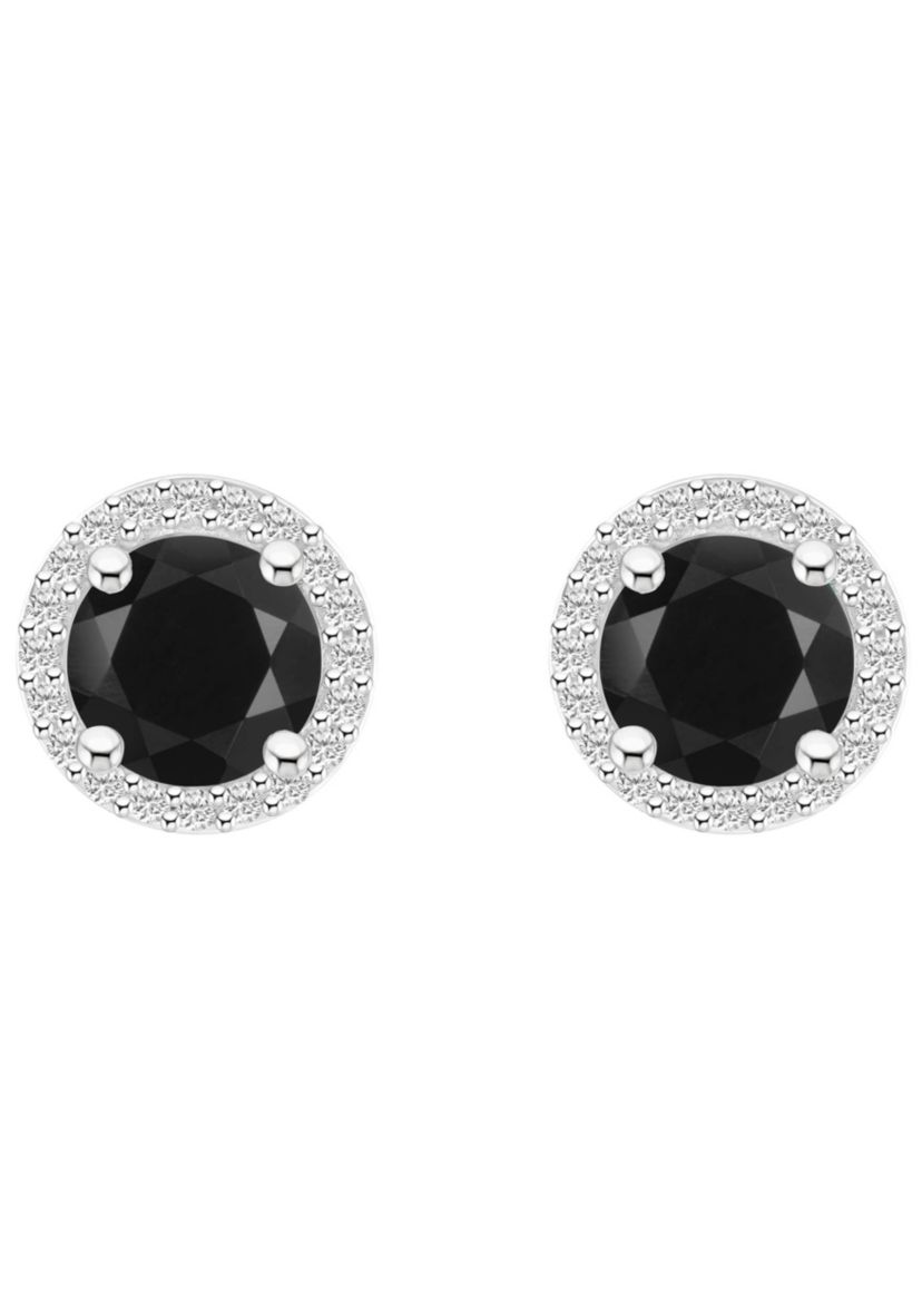 10K White Gold 6mm Round Black Onyx & Created White Sapphire Halo Stud Earrings