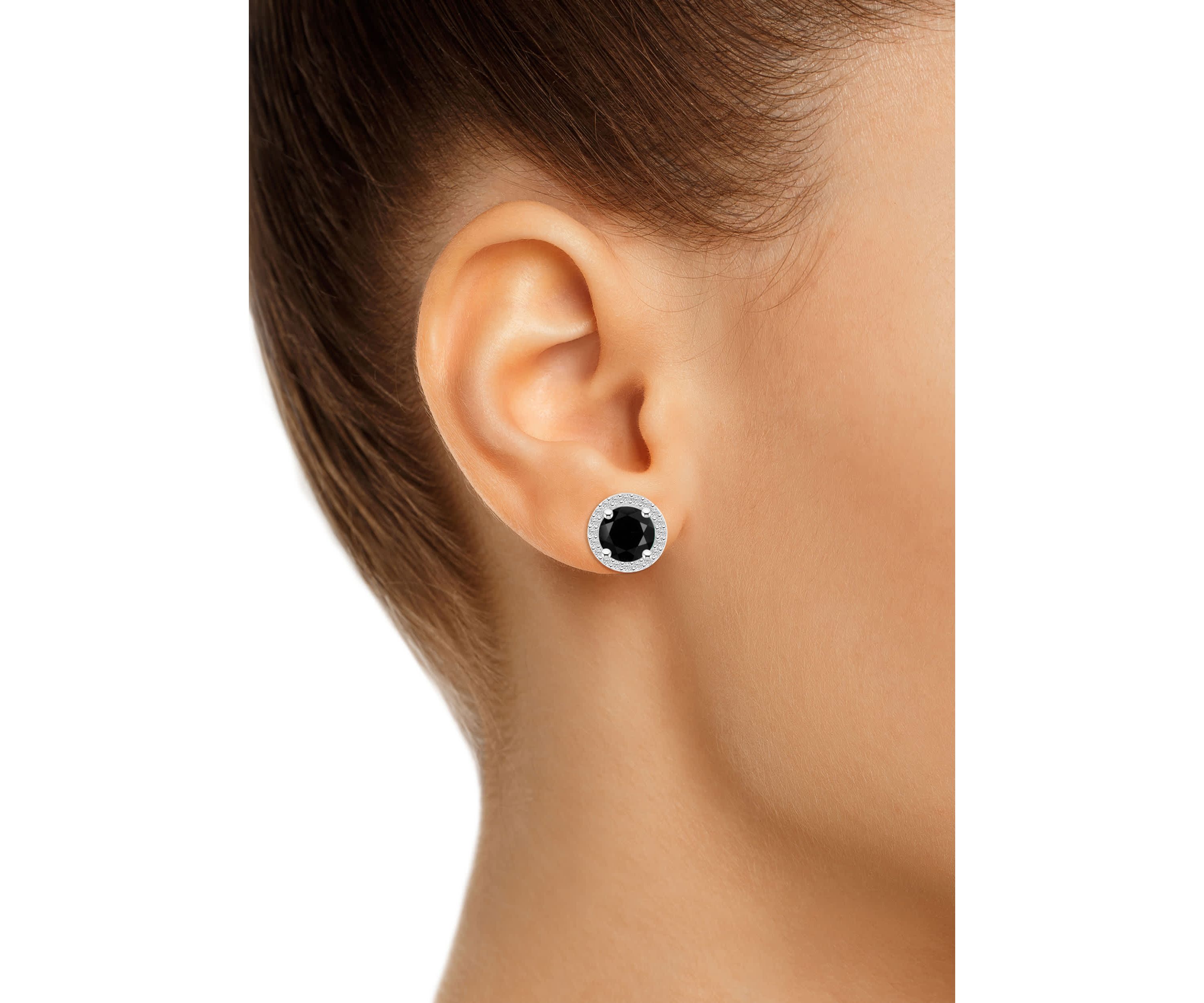10K White Gold 6mm Round Black Onyx & Created White Sapphire Halo Stud Earrings