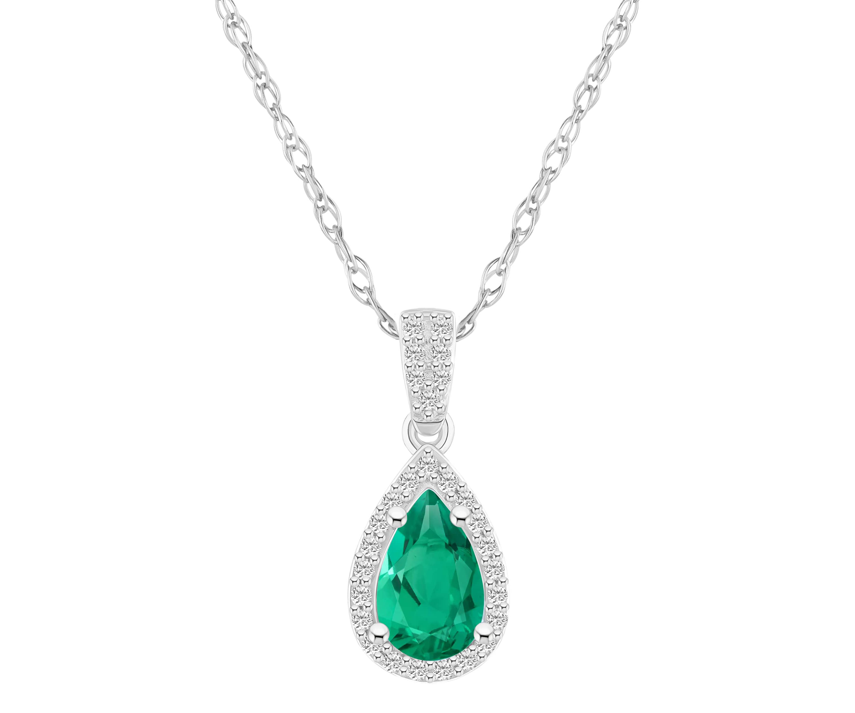 Lab Created 10K Yellow Gold 8x5mm Pear Shape Created Emerald & Created White Sapphire Halo Pendant Necklace