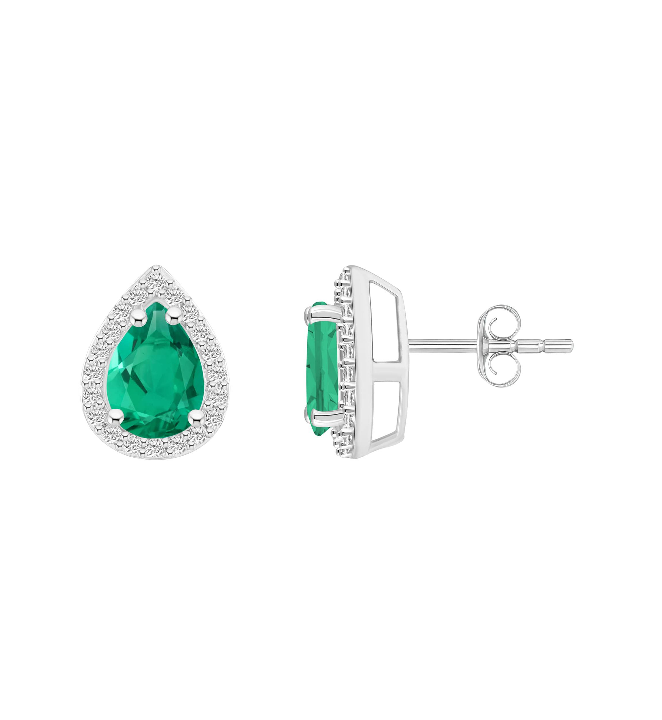 Lab Created 10K White Gold 7x5mm Pear Shape Created Emerald & Created White Sapphire Halo Stud Earrings