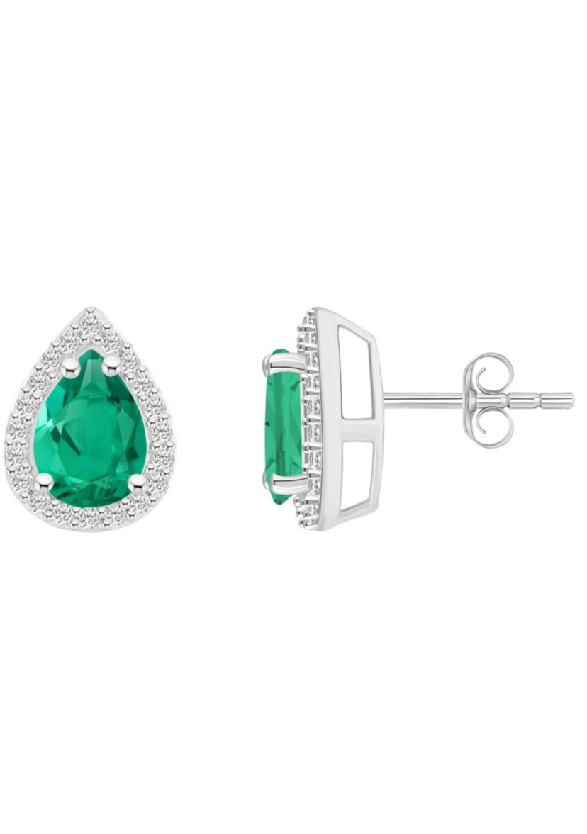 Lab Created 10K White Gold 7x5mm Pear Shape Created Emerald & Created White Sapphire Halo Stud Earrings