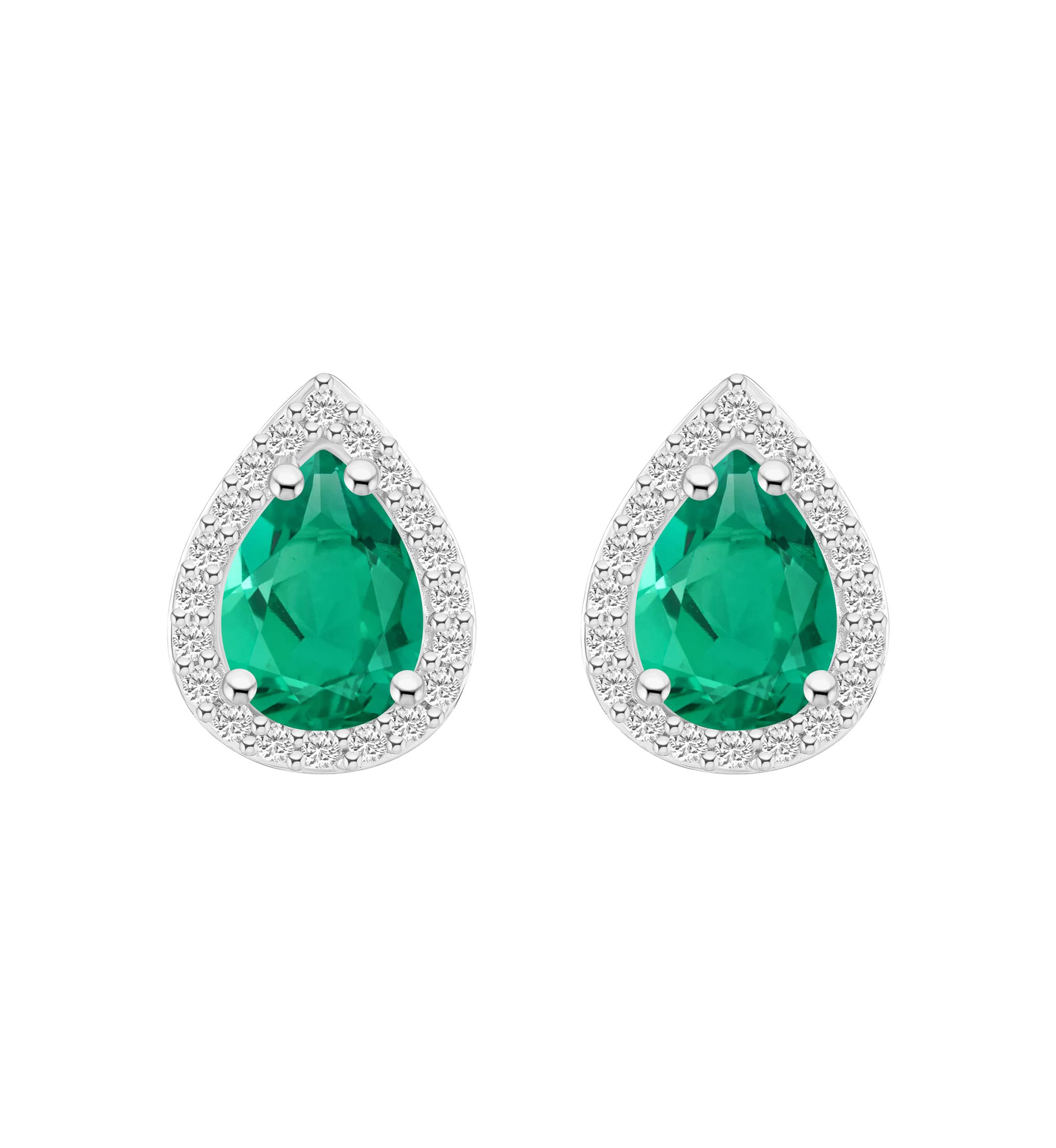 Lab Created 10K White Gold 7x5mm Pear Shape Created Emerald & Created White Sapphire Halo Stud Earrings