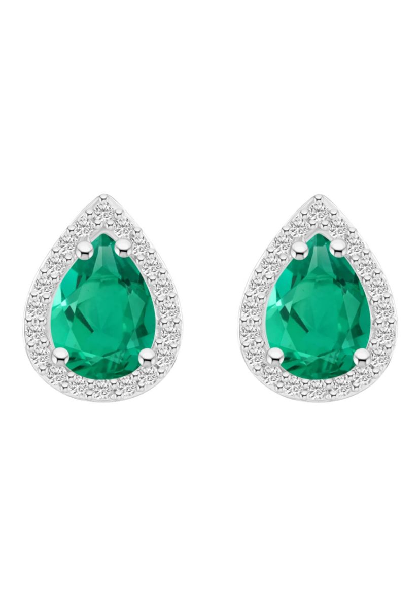 Lab Created 10K White Gold 7x5mm Pear Shape Created Emerald & Created White Sapphire Halo Stud Earrings