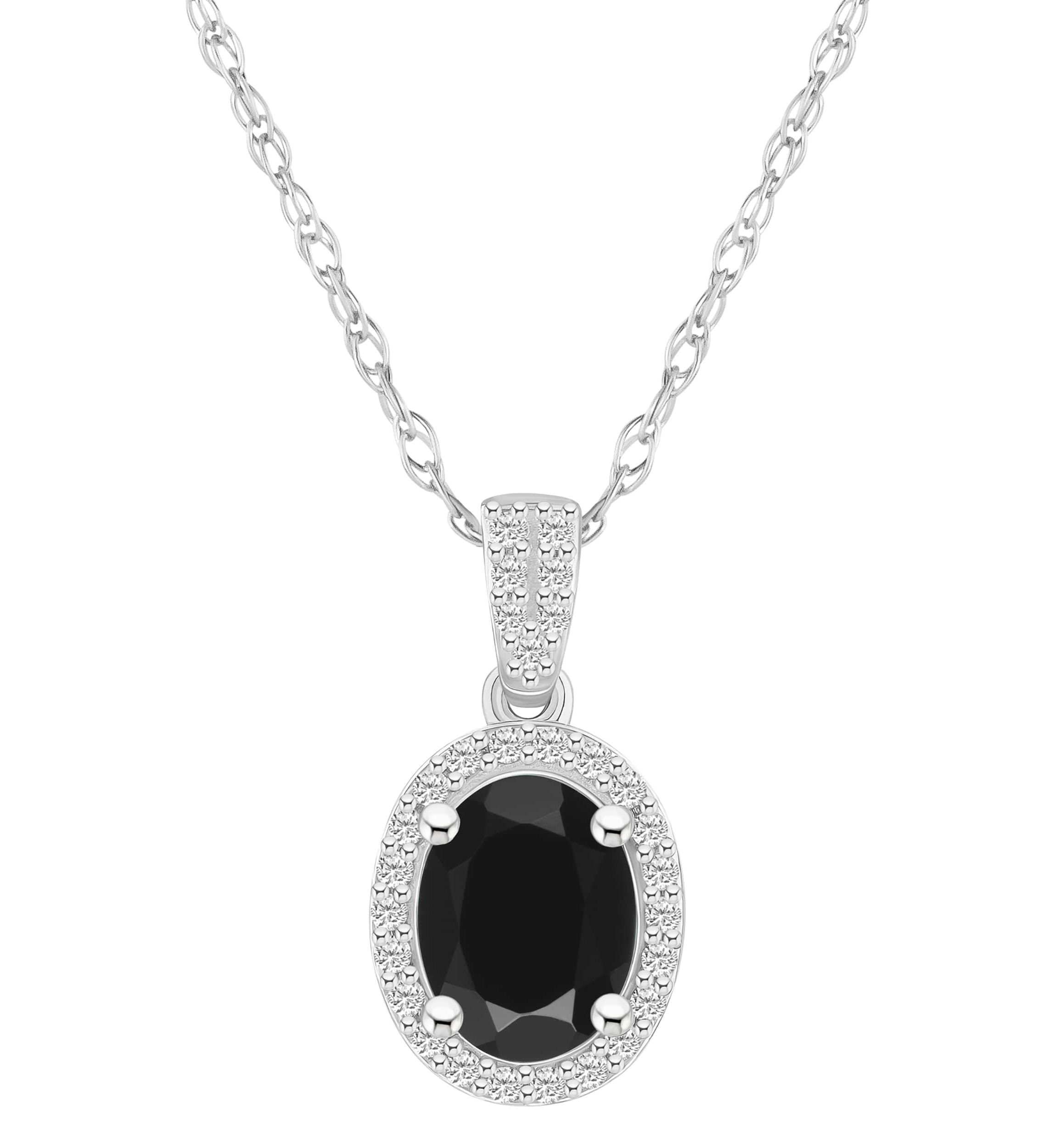 10K White Gold 8x6mm Oval Black Onyx & Created White Sapphire Halo Pendant Necklace