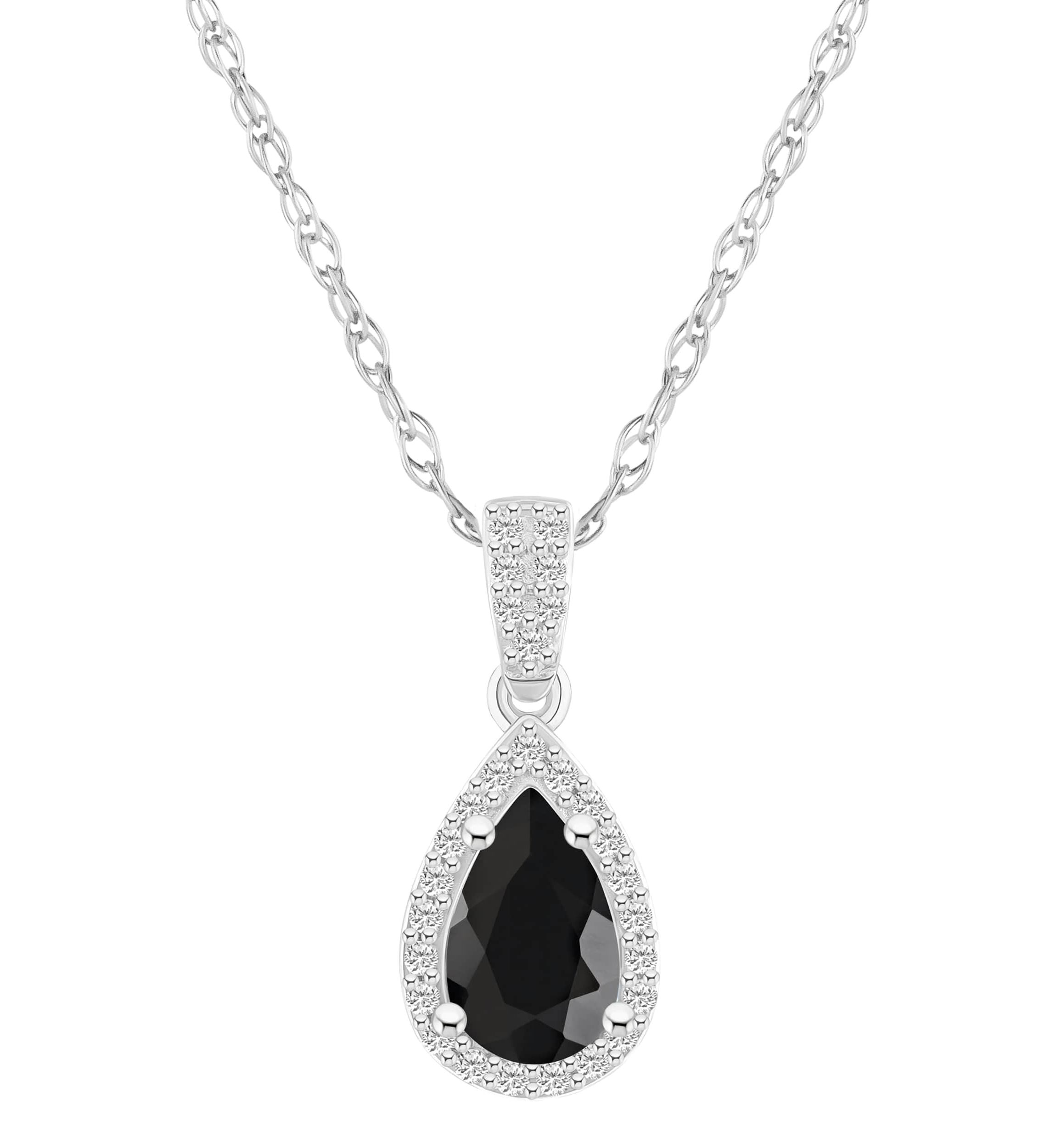 10K White Gold 8x5mm Pear Shape Black Onyx & Created White Sapphire Halo Pendant Necklace
