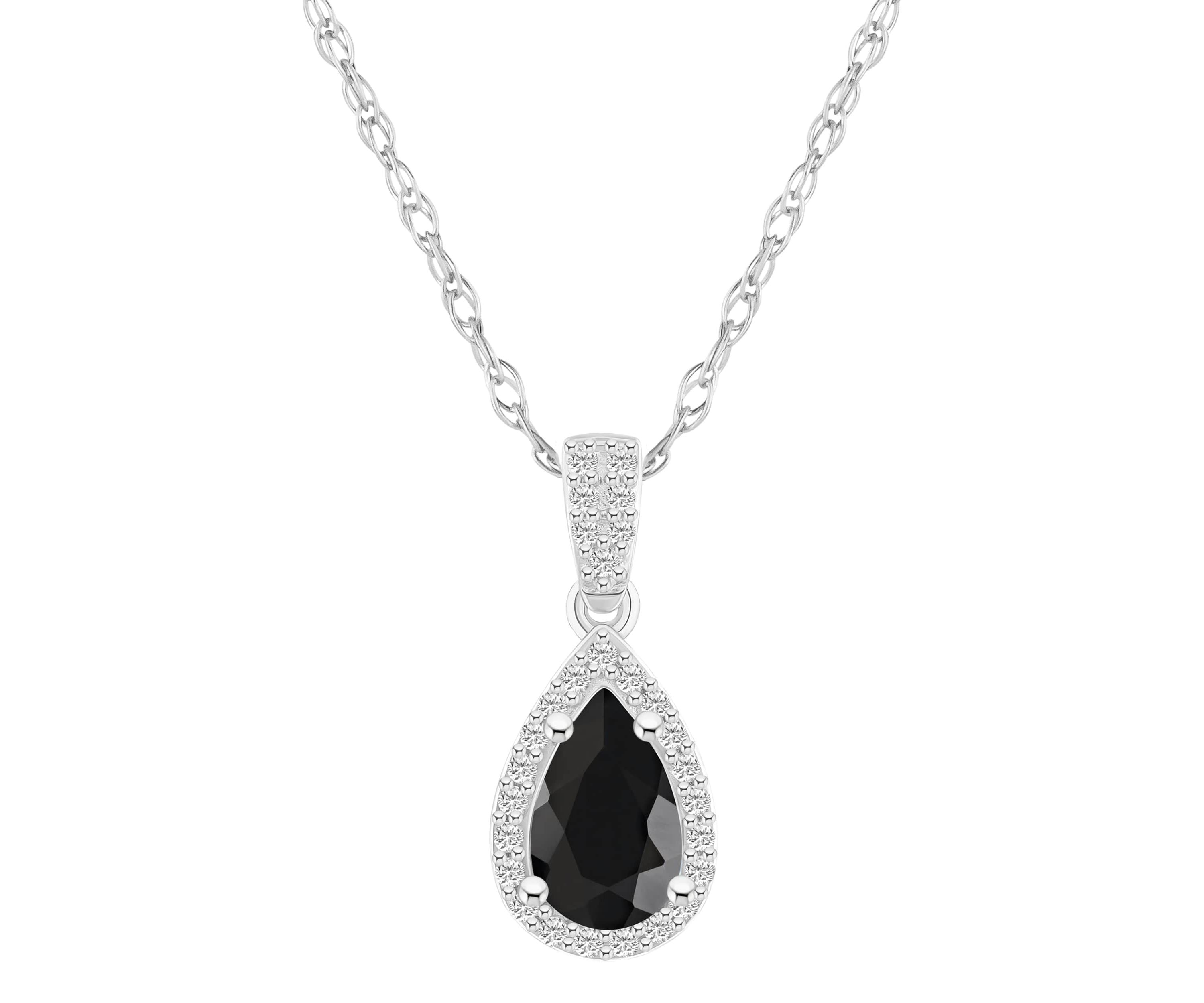 10K White Gold 8x5mm Pear Shape Black Onyx & Created White Sapphire Halo Pendant Necklace