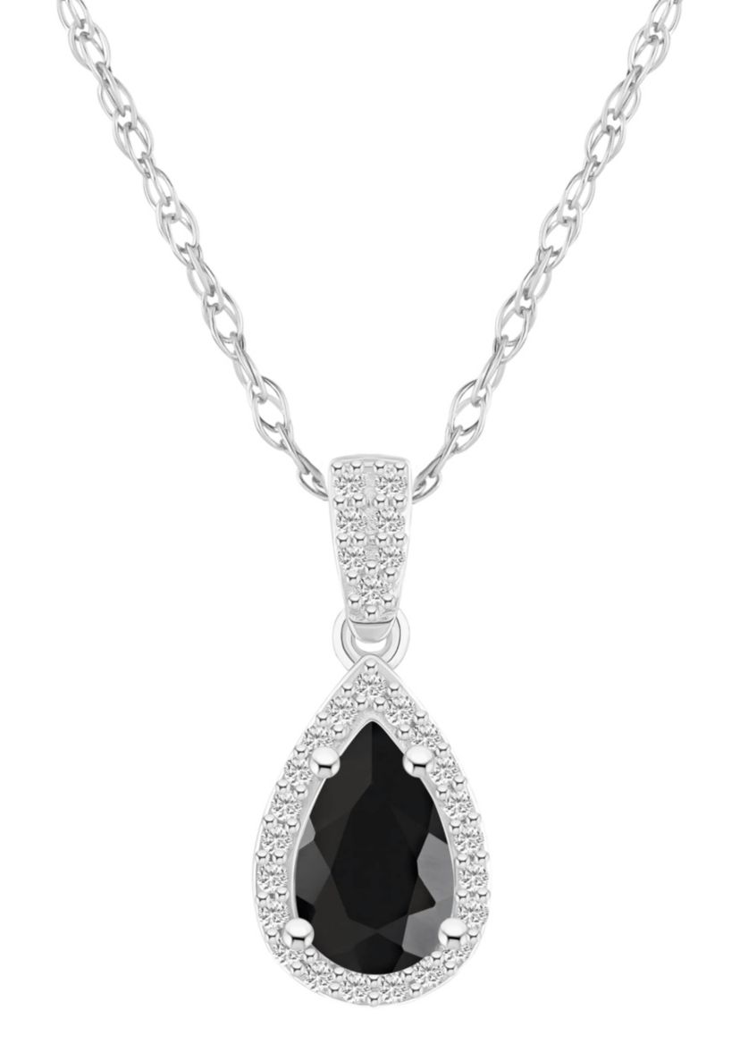 10K White Gold 8x5mm Pear Shape Black Onyx & Created White Sapphire Halo Pendant Necklace