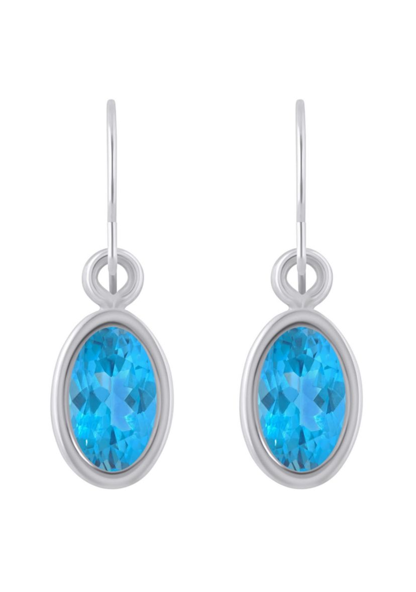 10K White Gold 6x4mm Oval Blue Topaz Drop Earrings