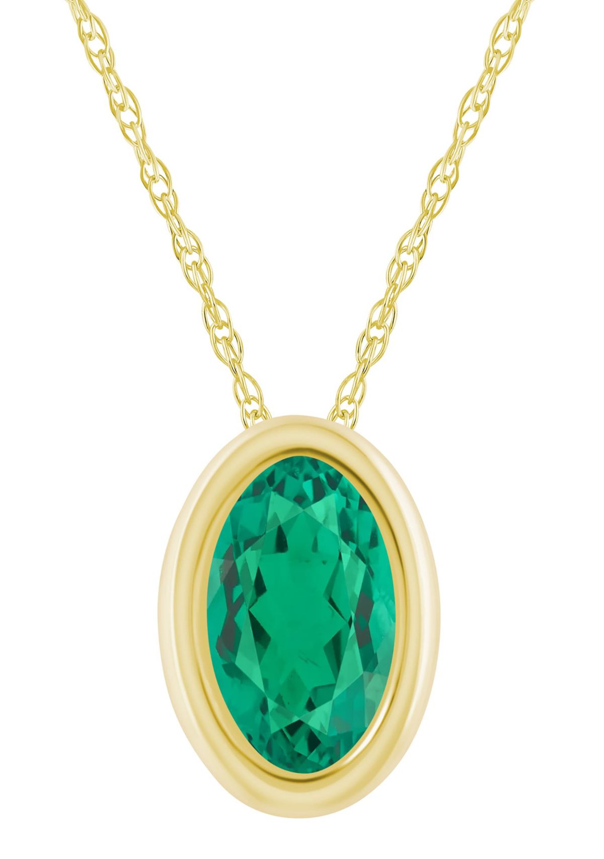 Lab Created 10K Yellow Gold 6x4mm Oval Created Emerald Pendant Necklace