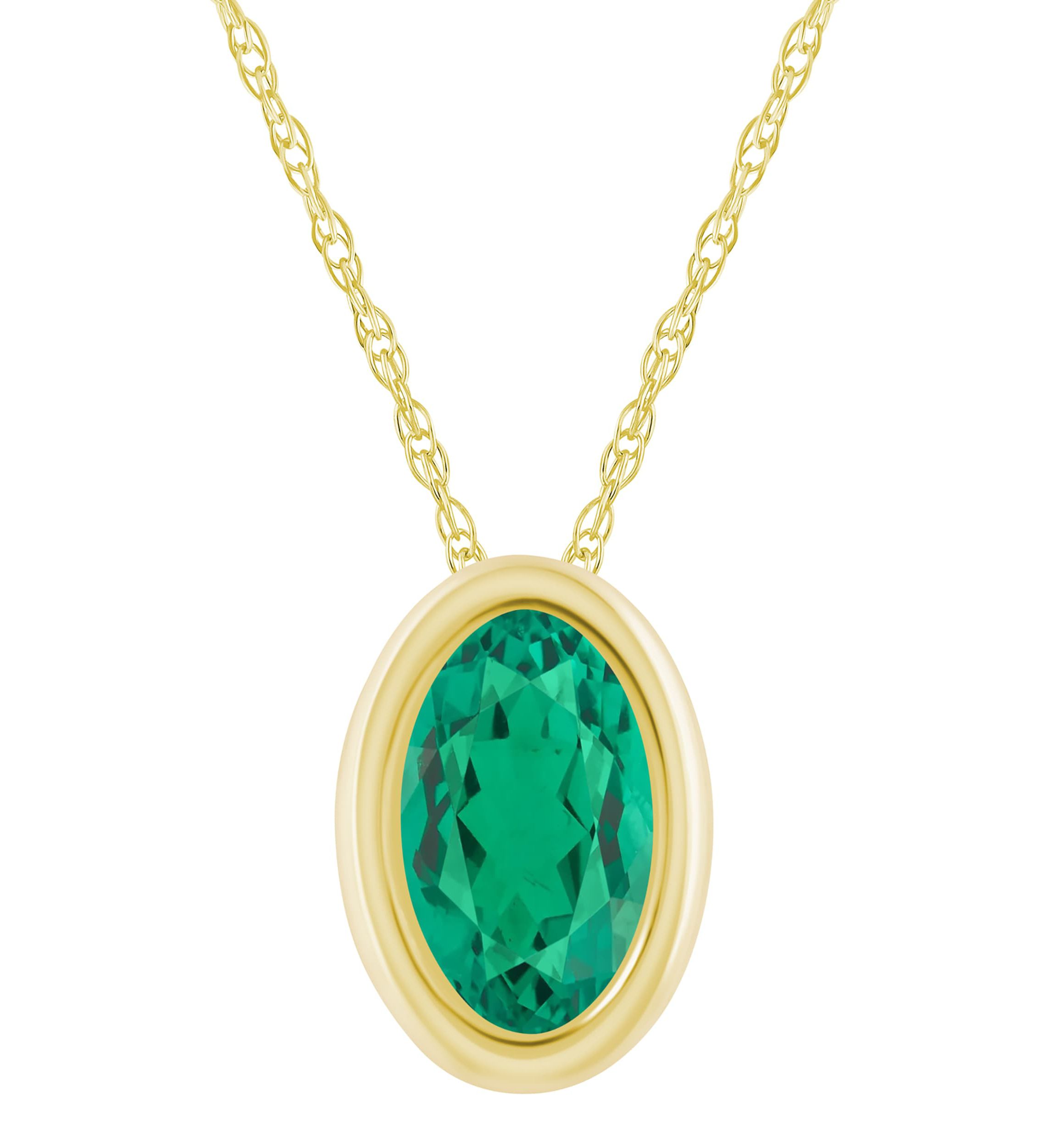 Lab Created 10K Yellow Gold 6x4mm Oval Created Emerald Pendant Necklace