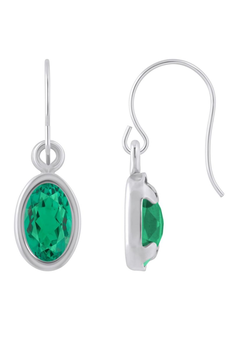 Lab Created 10K White Gold 6x4mm Oval Created Emerald Drop Earrings