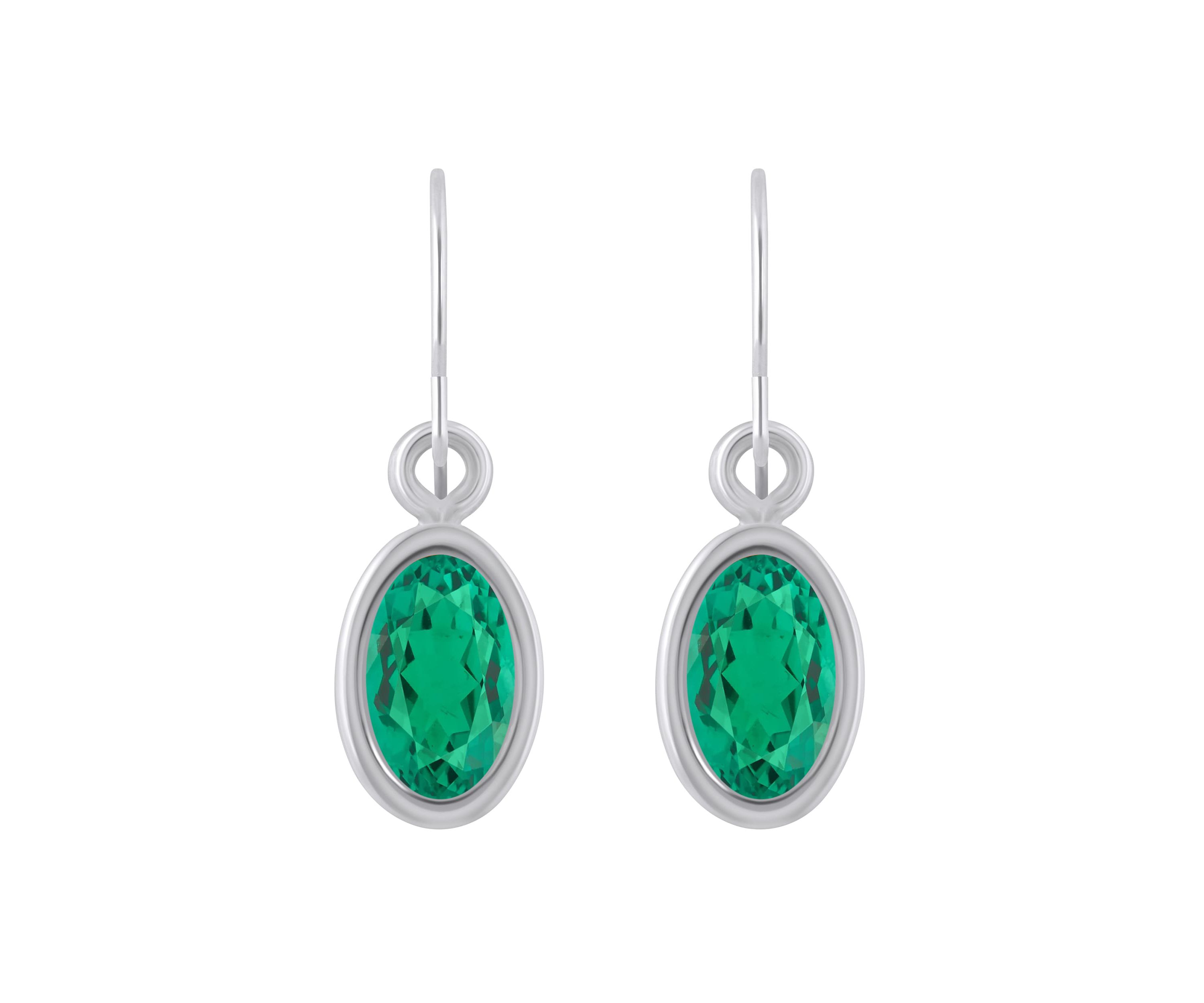 Lab Created 10K White Gold 6x4mm Oval Created Emerald Drop Earrings