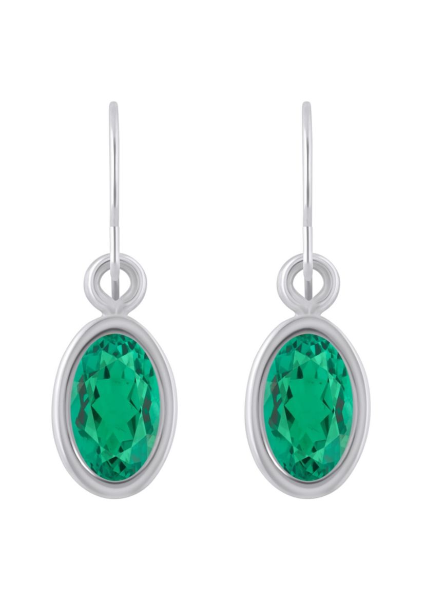 Lab Created 10K White Gold 6x4mm Oval Created Emerald Drop Earrings