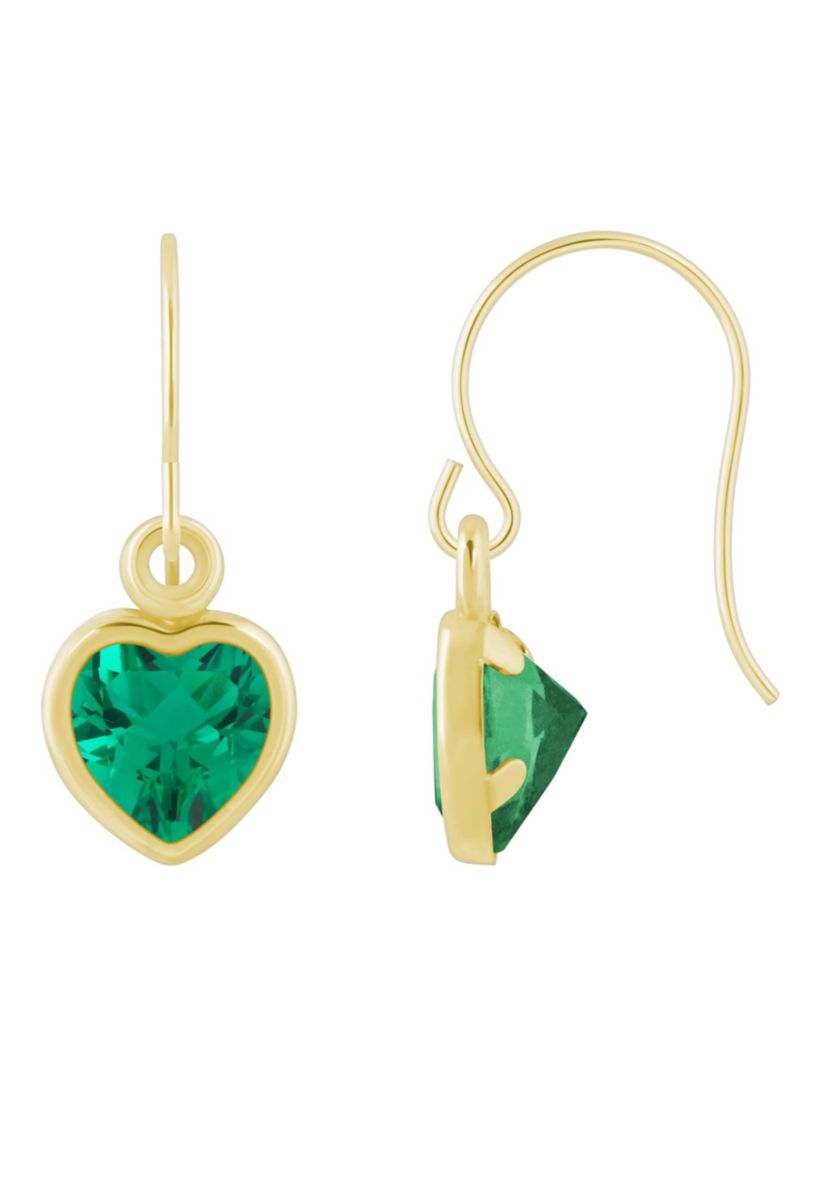 Lab Created 10K White Gold 5mm Heart Shape Created Emerald Drop Earrings