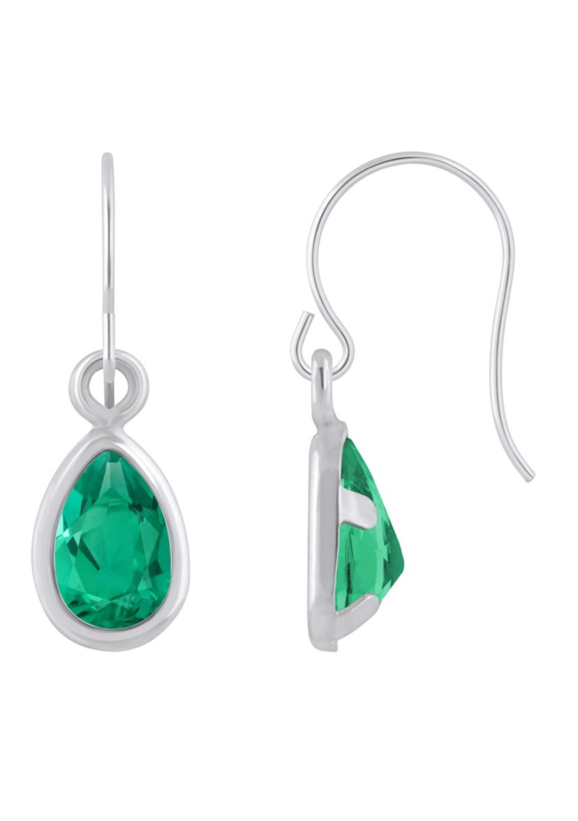 Lab Created 10K White Gold 6x4mm Pear Shape Created Emerald Drop Earrings
