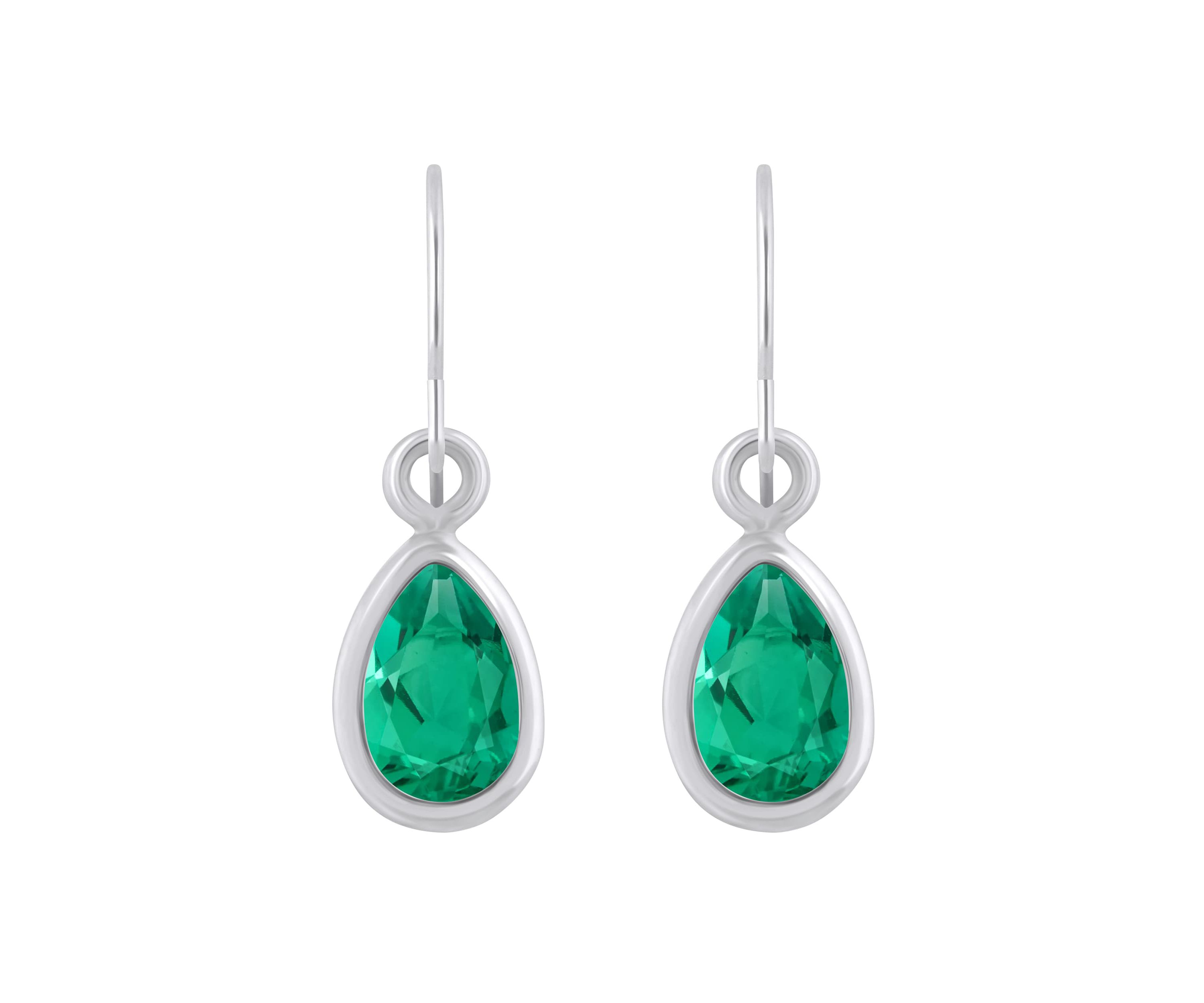 Lab Created 10K White Gold 6x4mm Pear Shape Created Emerald Drop Earrings