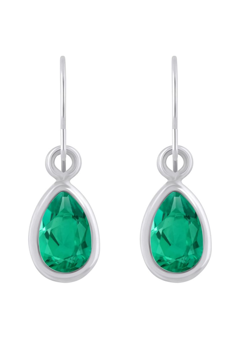 Lab Created 10K White Gold 6x4mm Pear Shape Created Emerald Drop Earrings