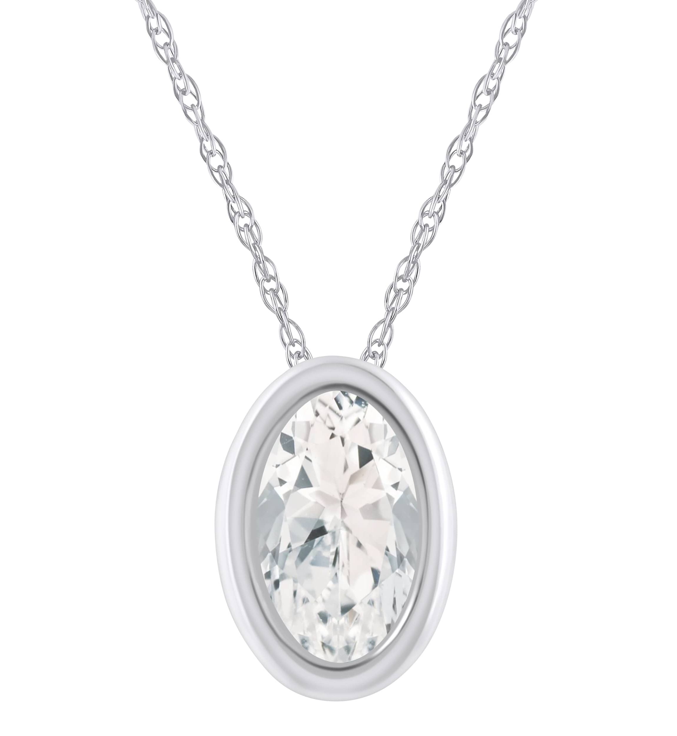 10K White Gold 6x4mm Oval White Topaz Pendant Necklace