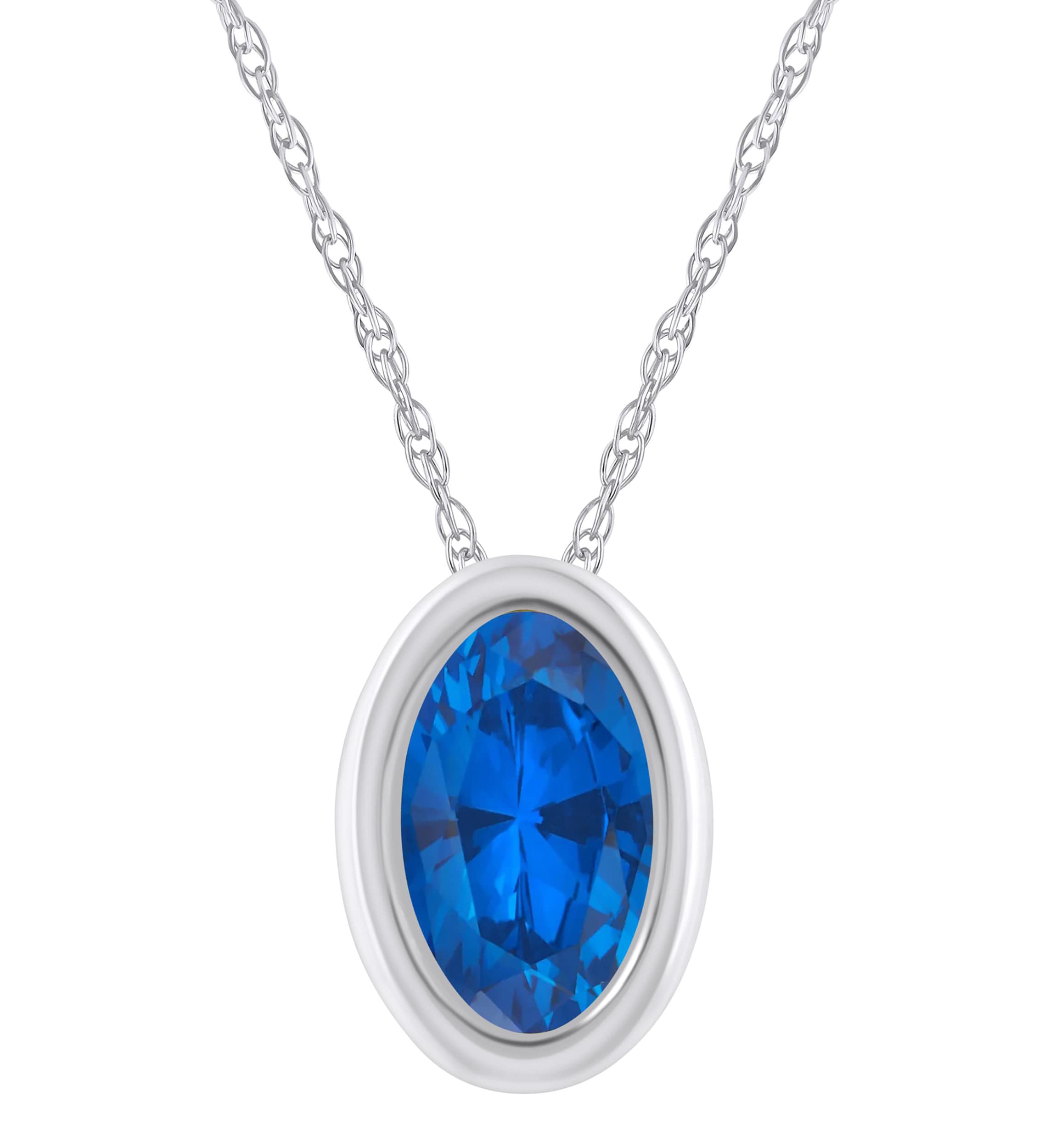Lab Created 10K White Gold 6x4mm Oval Created Sapphire Pendant Necklace