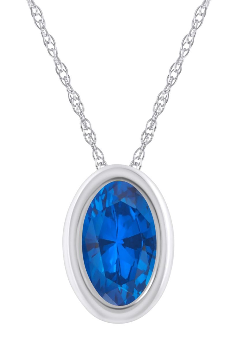 Lab Created 10K White Gold 6x4mm Oval Created Sapphire Pendant Necklace