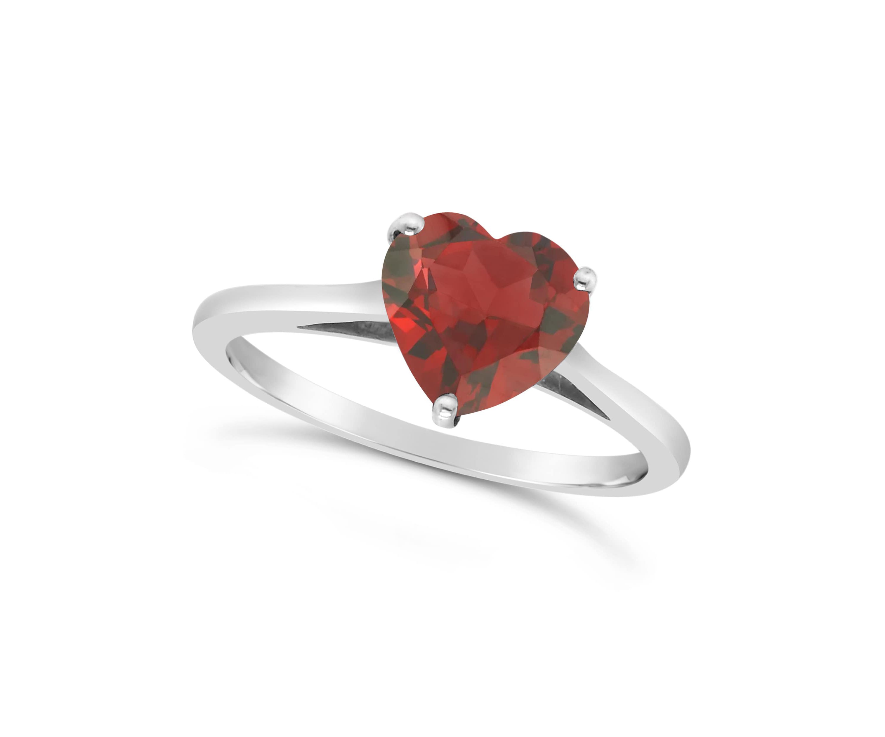 Sterling Silver 8mm Heart Shape Garnet Solitaire Ring