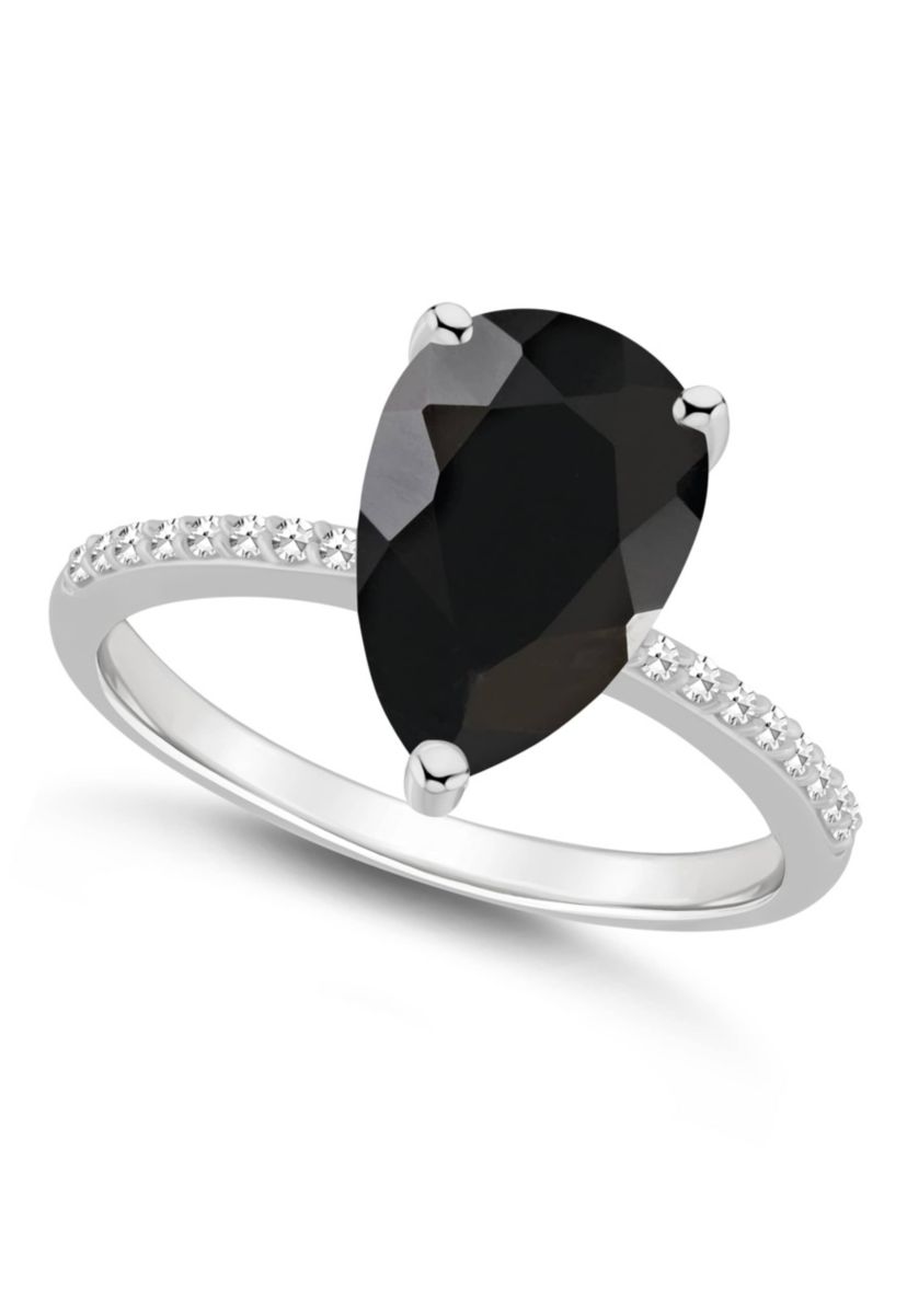Sterling Silver 12x8mm Pear Shape Black Onyx 1/10 CTTW Diamond Ring