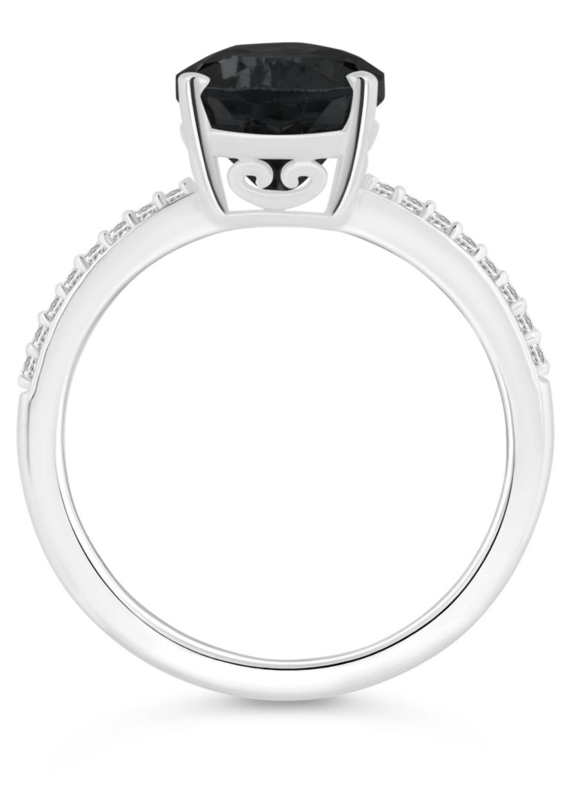 Sterling Silver 12x8mm Pear Shape Black Onyx 1/10 CTTW Diamond Ring
