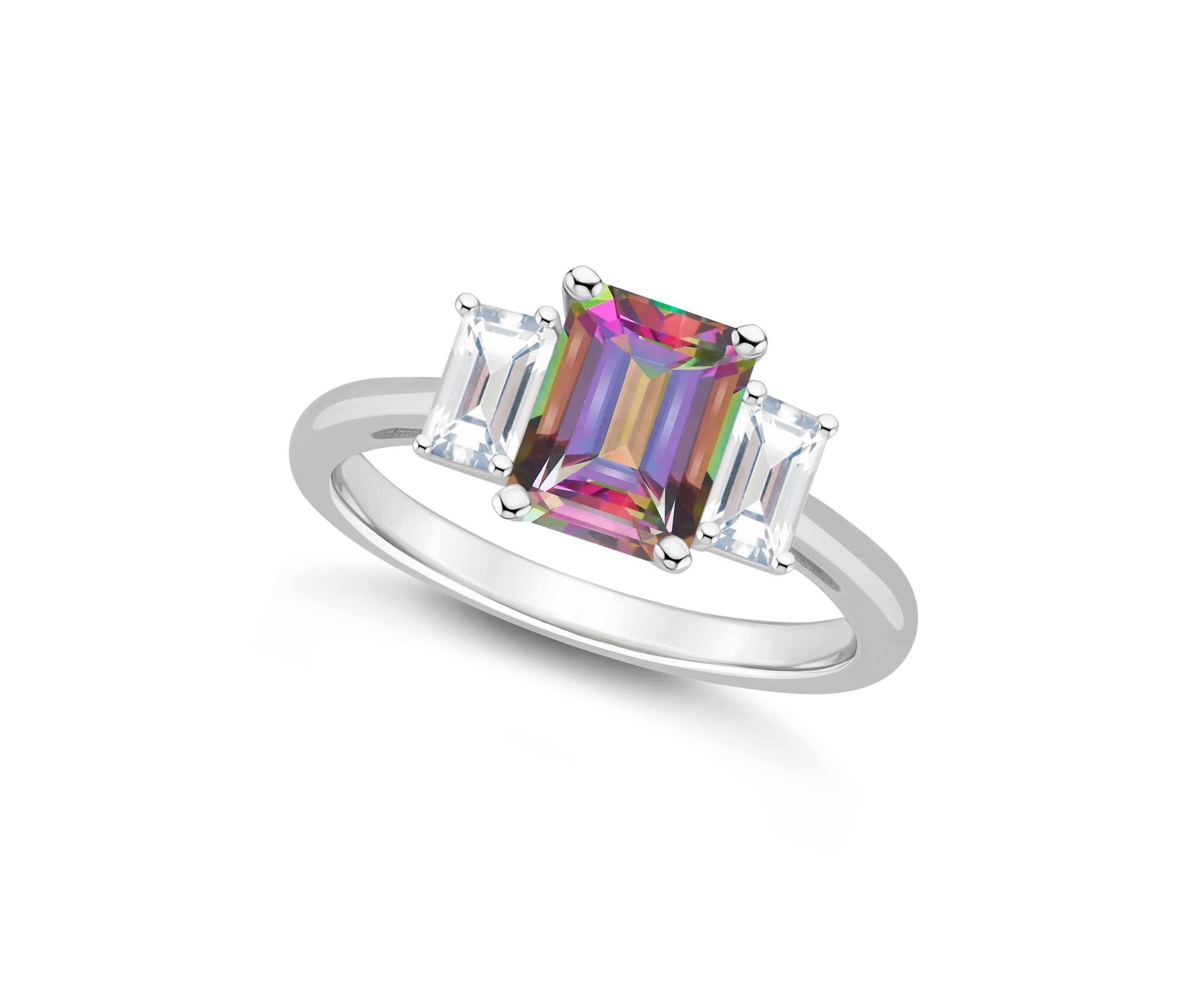 Sterling Silver 8x6mm Emerald Cut Mystic Topaz & White Topaz 3-Stone Ring