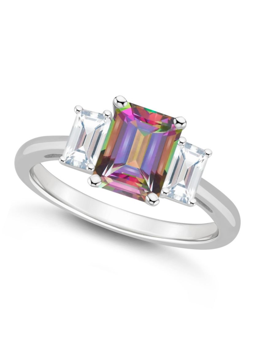 Sterling Silver 8x6mm Emerald Cut Mystic Topaz & White Topaz 3-Stone Ring