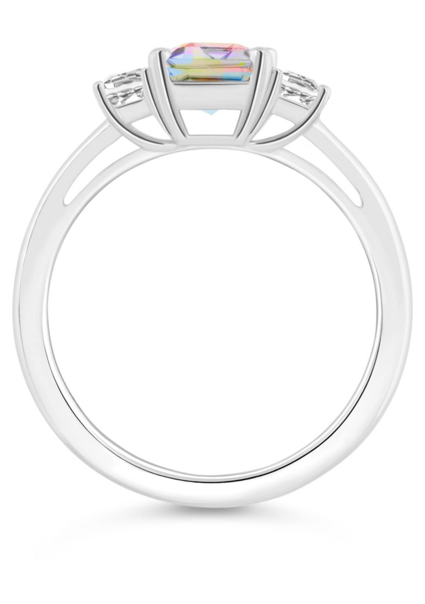 Sterling Silver 8x6mm Emerald Cut Mystic Topaz & White Topaz 3-Stone Ring