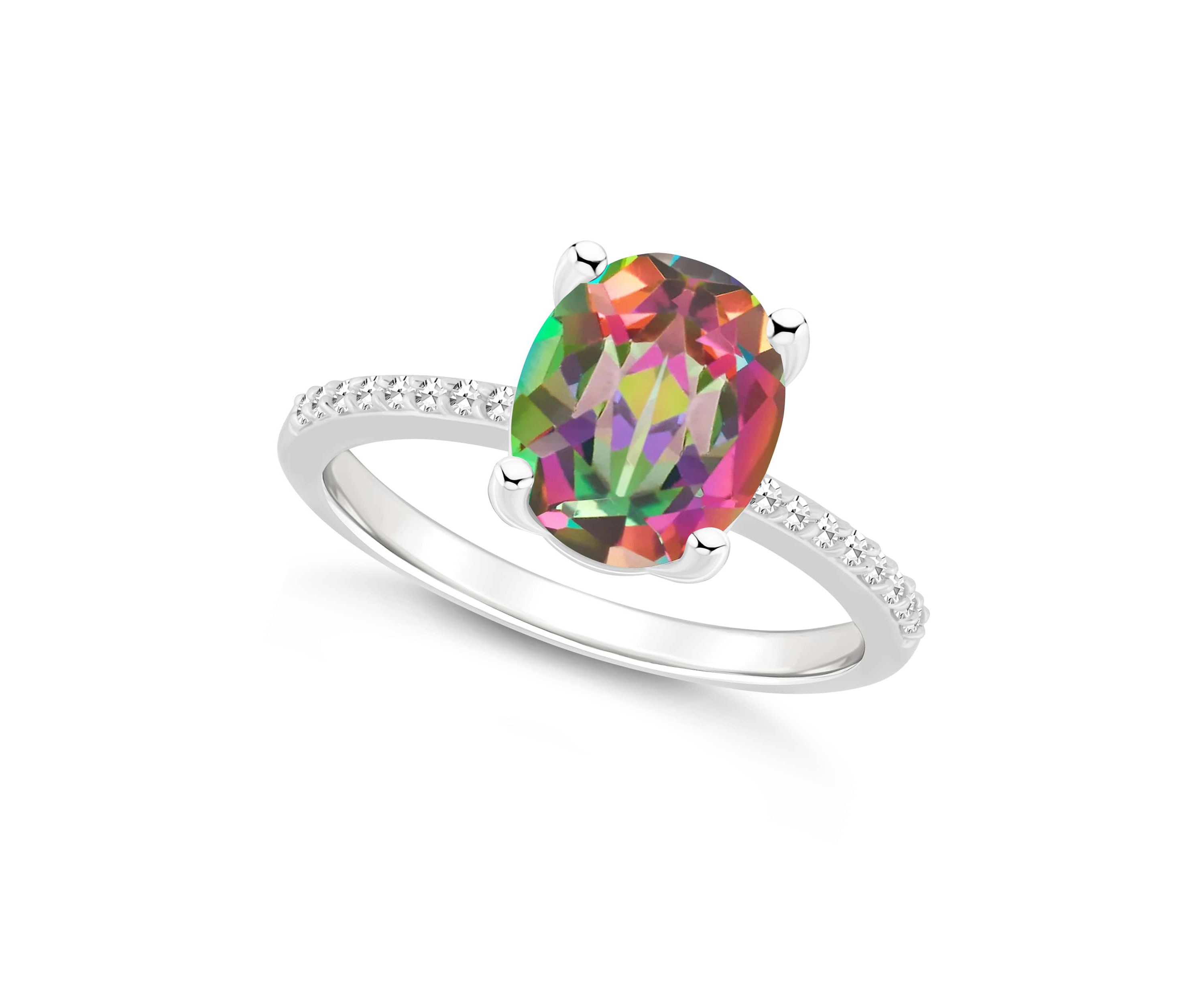 Sterling Silver 10x8mm Oval Mystic Topaz 1/10 CTTW Diamond Ring