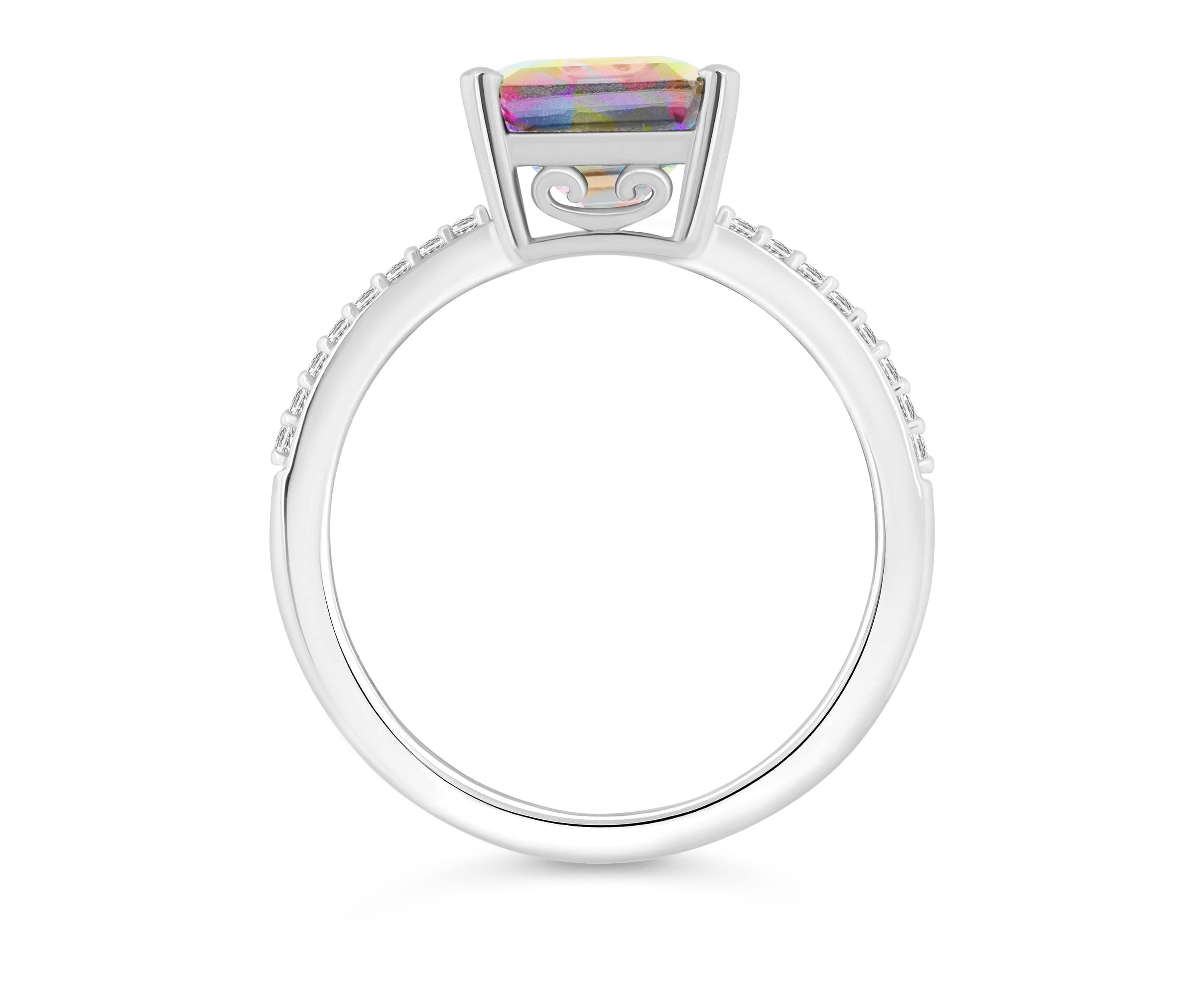 Sterling Silver 10x8mm Emerald Cut Mystic Topaz 1/10 CTTW Diamond Ring