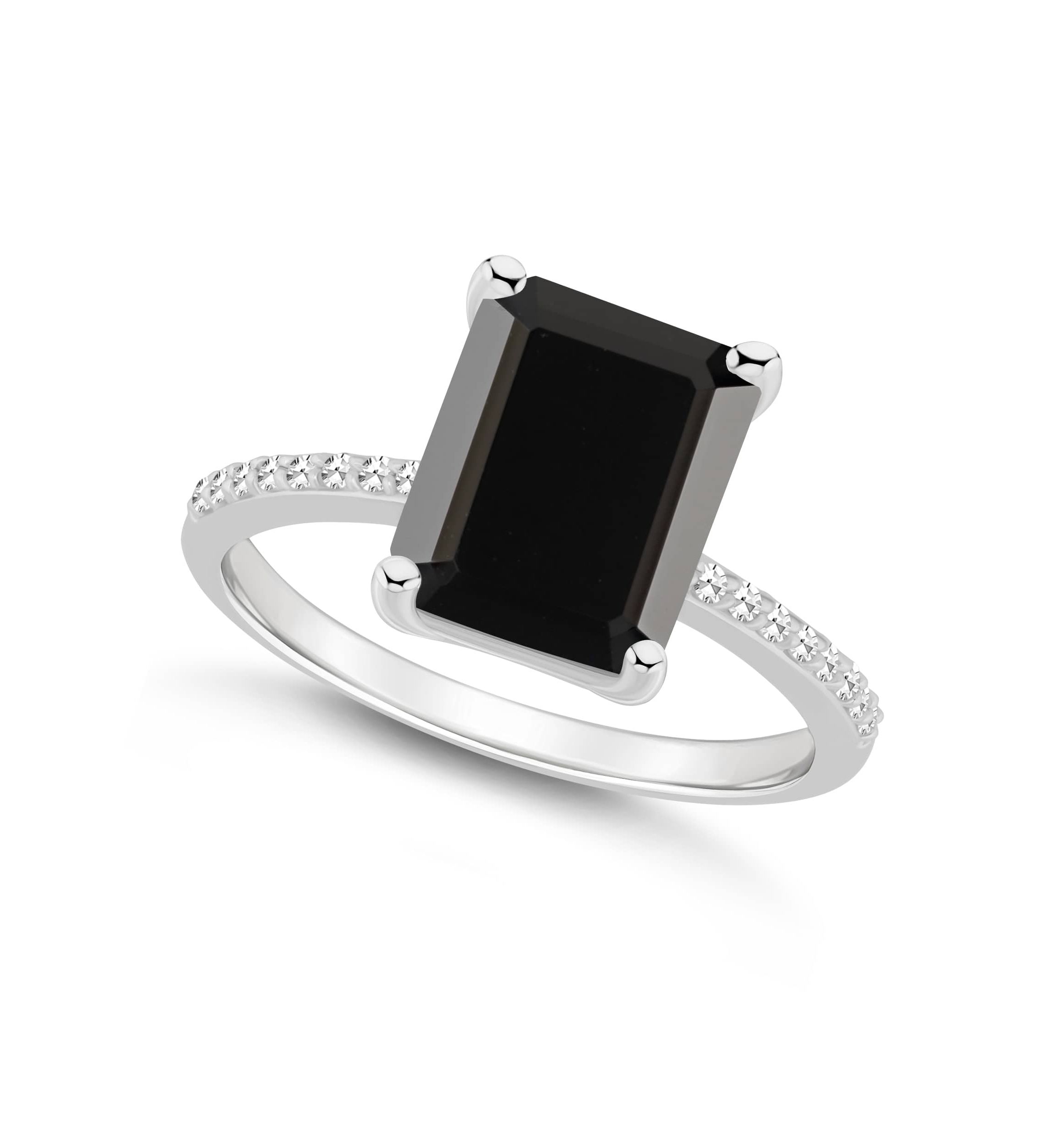 Sterling Silver 10x8mm Emerald Cut Black Onyx 1/10 CTTW Diamond Ring