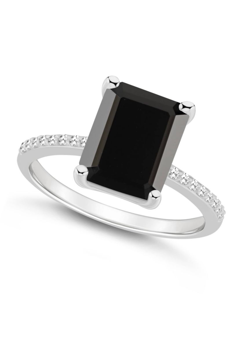 Sterling Silver 10x8mm Emerald Cut Black Onyx 1/10 CTTW Diamond Ring